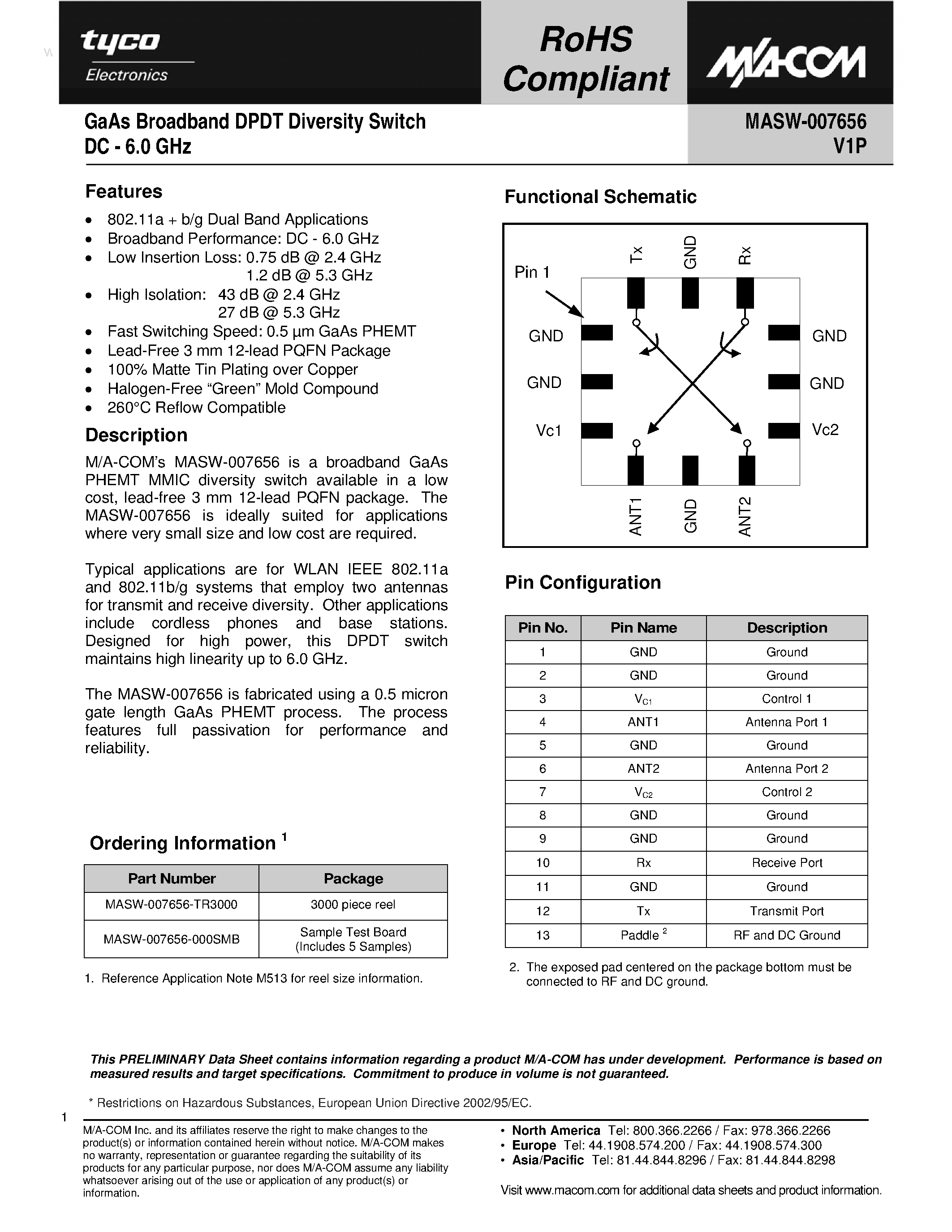 Datasheet MASW-007656 page 1 Datasheet MASW-007656 - GaAs Broadband DPDT Diversity Switch page 1