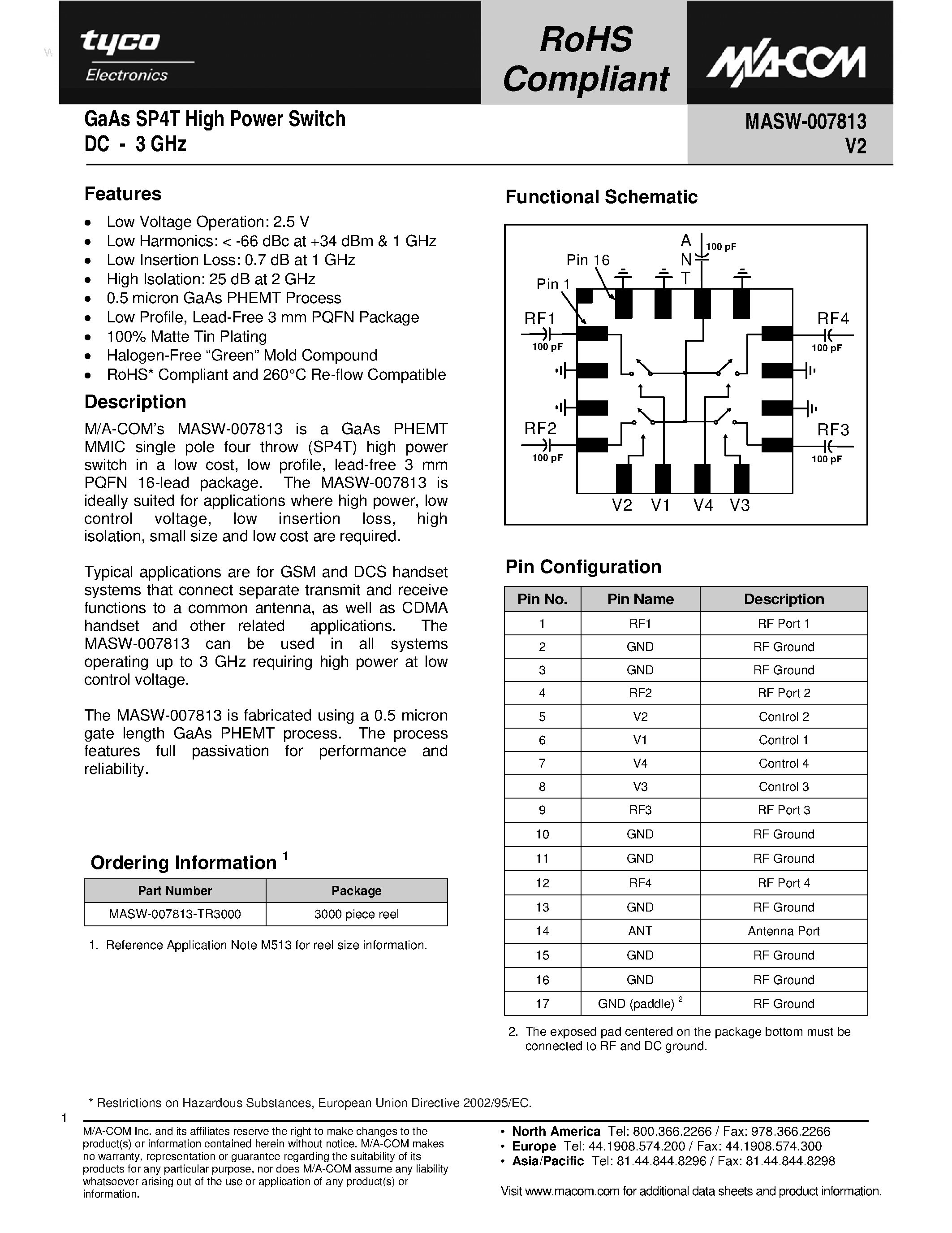 Datasheet MASW-007813 page 1 Datasheet MASW-007813 - GaAs SP4T High Power Switch page 1