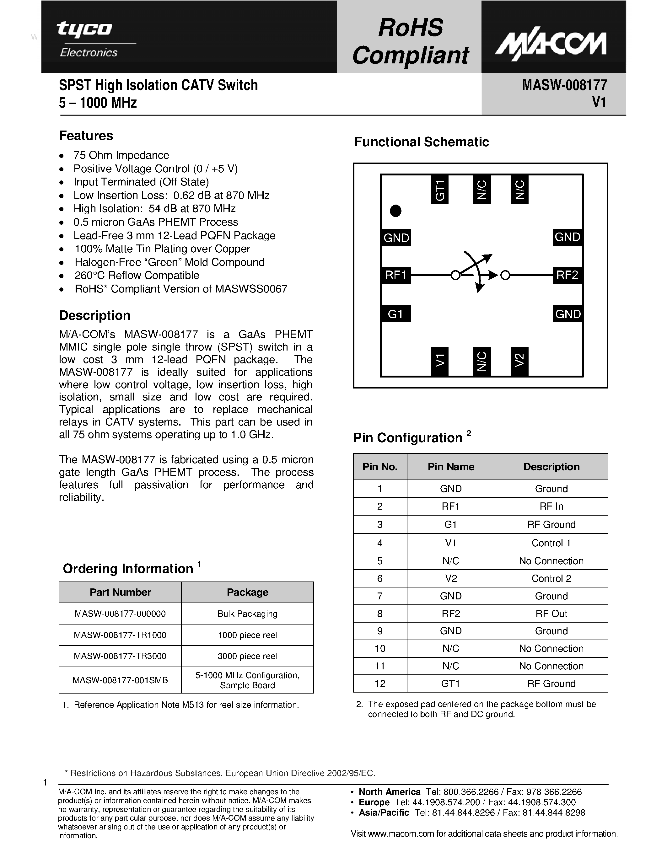 Datasheet MASW-008177 page 1 Datasheet MASW-008177 - SPST High Isolation CATV Switch page 1