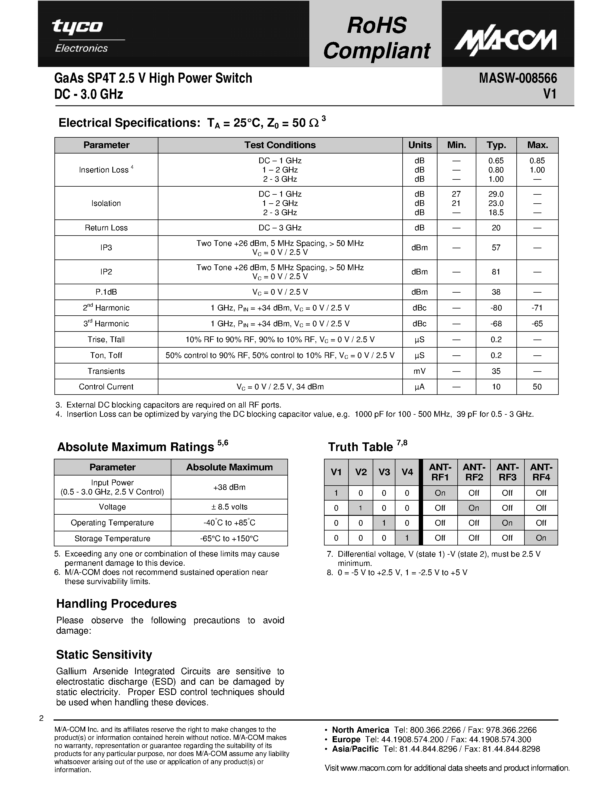 Даташит MASW-008566 - GaAs SP4T 2.5 V High Power Switch страница 2