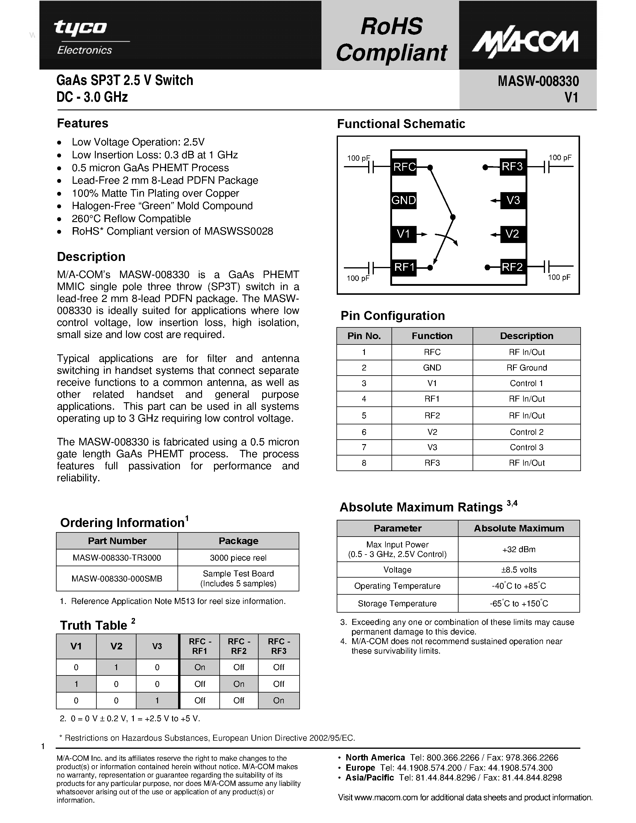 Даташит MASW-008330 - GaAs SP3T 2.5 V Switch страница 1