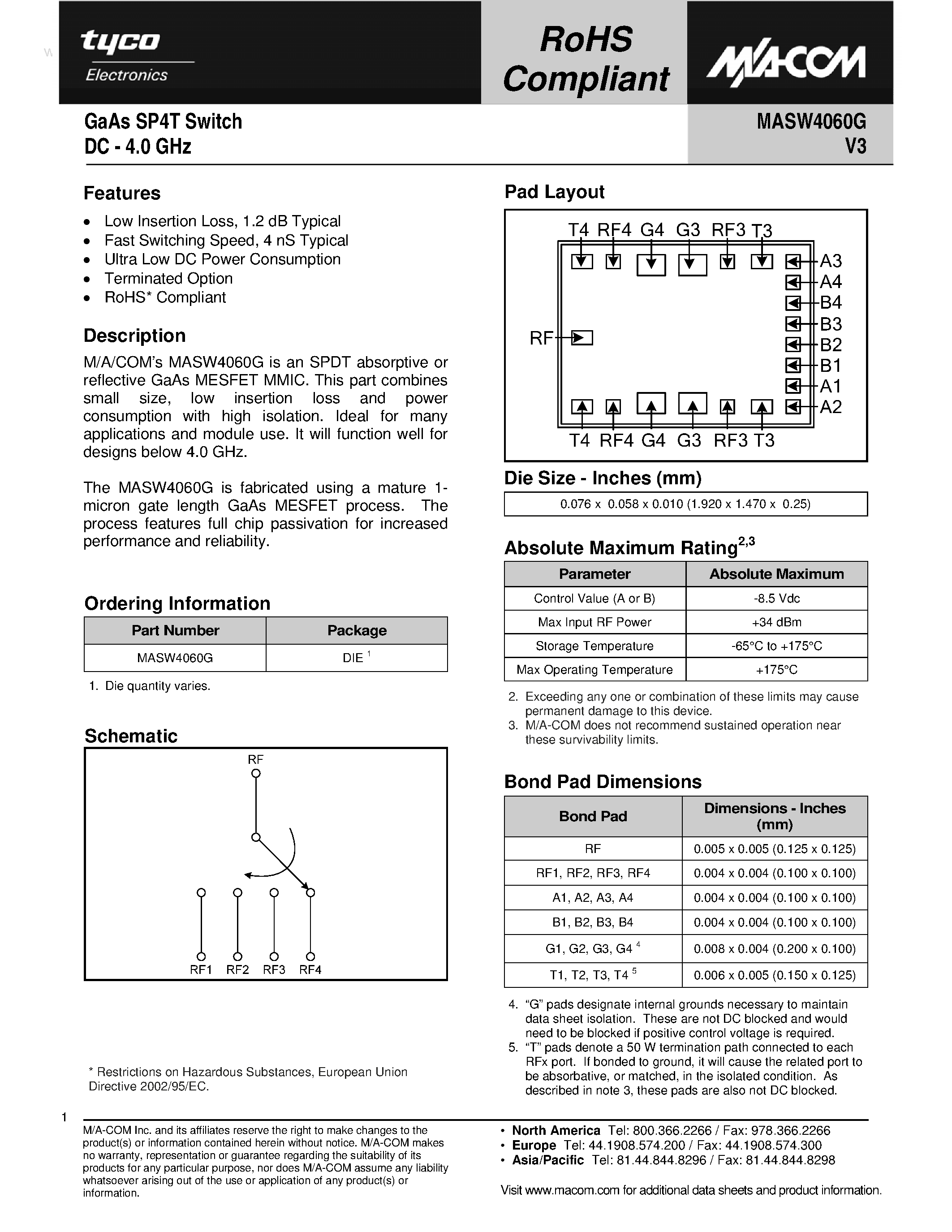 Datasheet MASW4060G page 1 Datasheet MASW4060G - GaAs SP4T Switch page 1