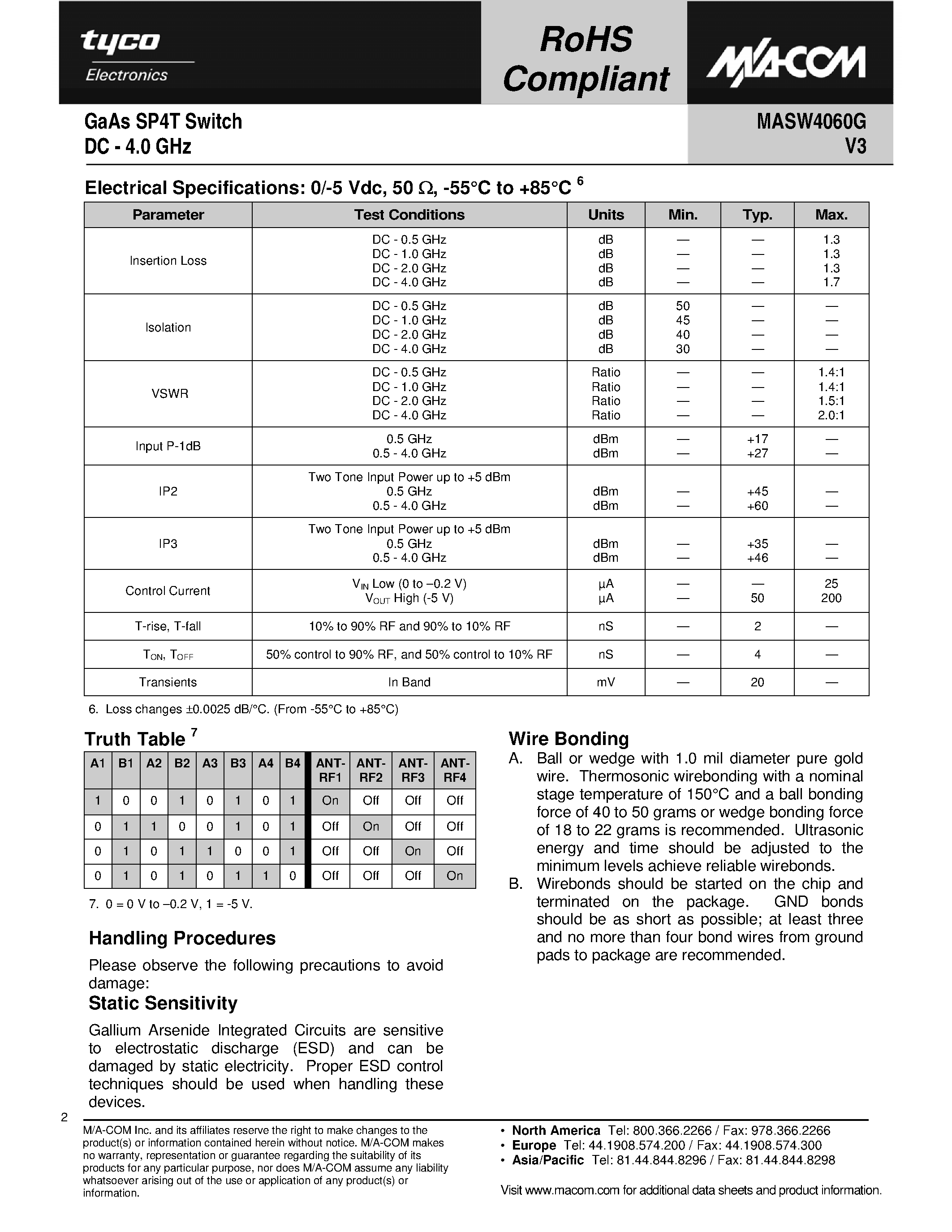 Datasheet MASW4060G page 2 Datasheet MASW4060G - GaAs SP4T Switch page 2