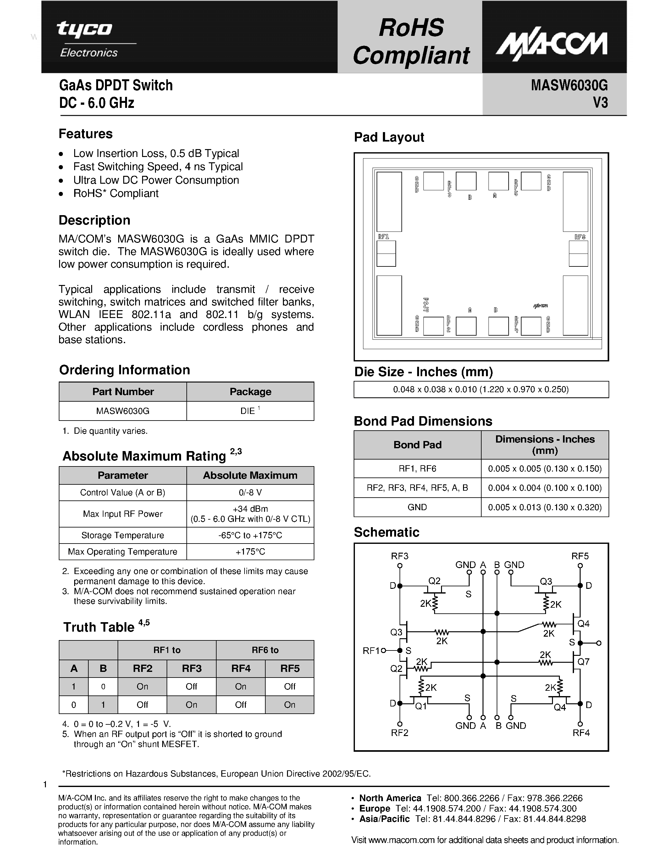 Datasheet MASW6030G page 1 Datasheet MASW6030G - GaAs DPDT Switch page 1