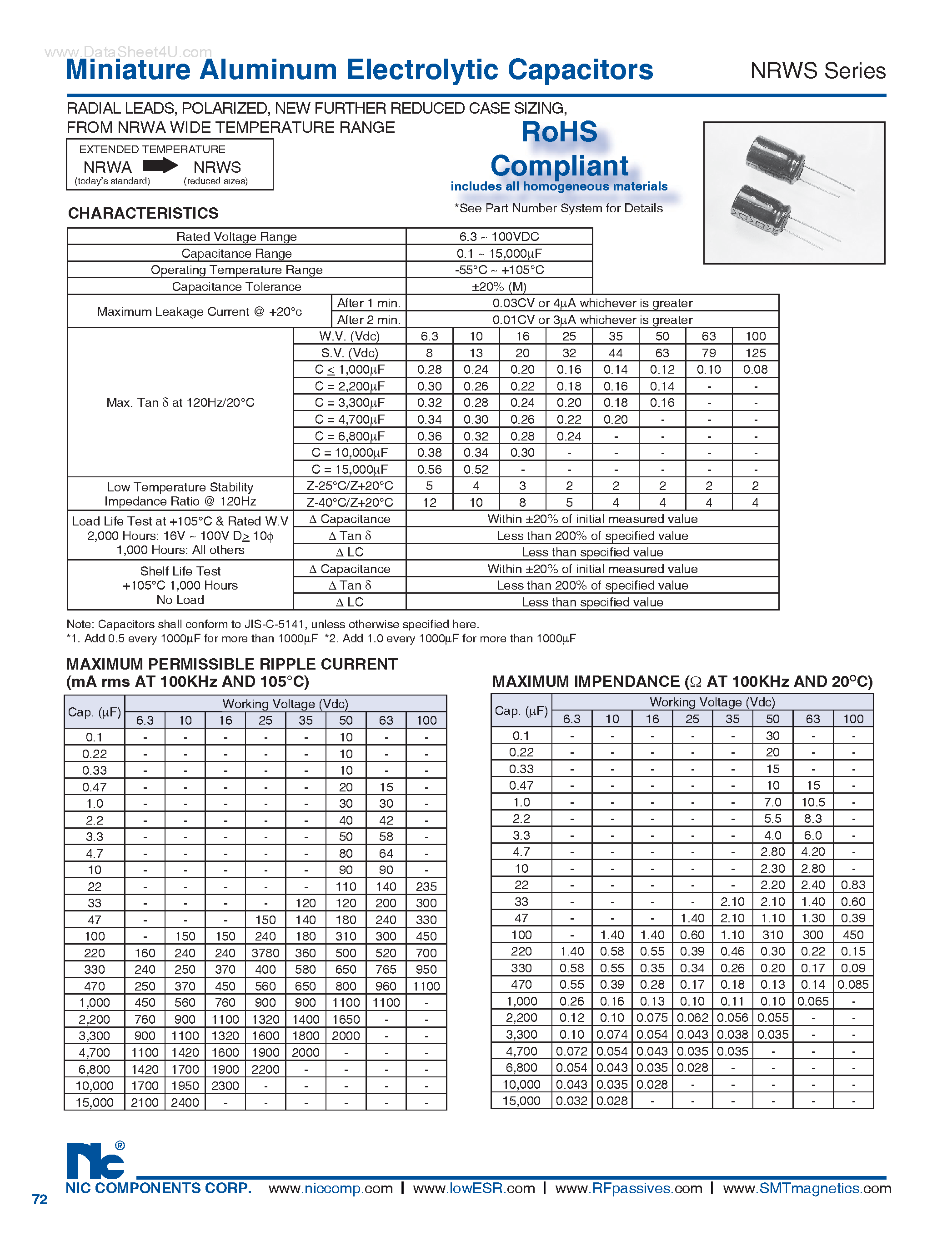 Datasheet NRWS - Miniature Aluminum Electrolytic Capacitors page 1