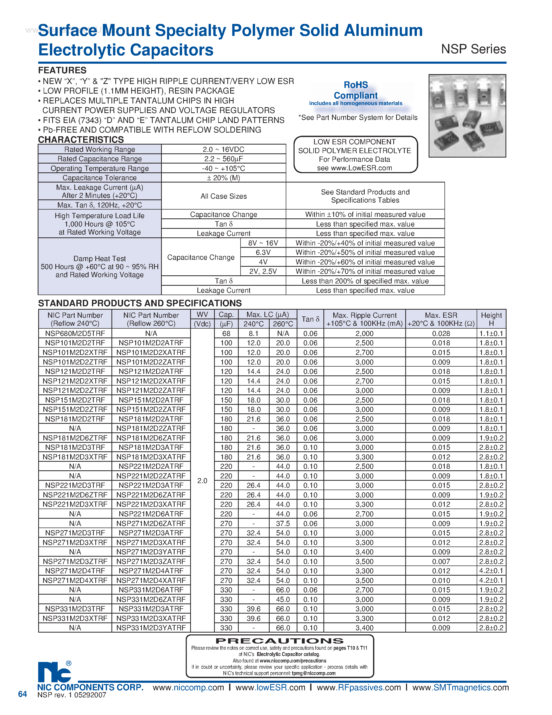 Datasheet NSP - Surface Mount Specialty Polymer Solid Aluminum Electrolytic Capacitors page 1