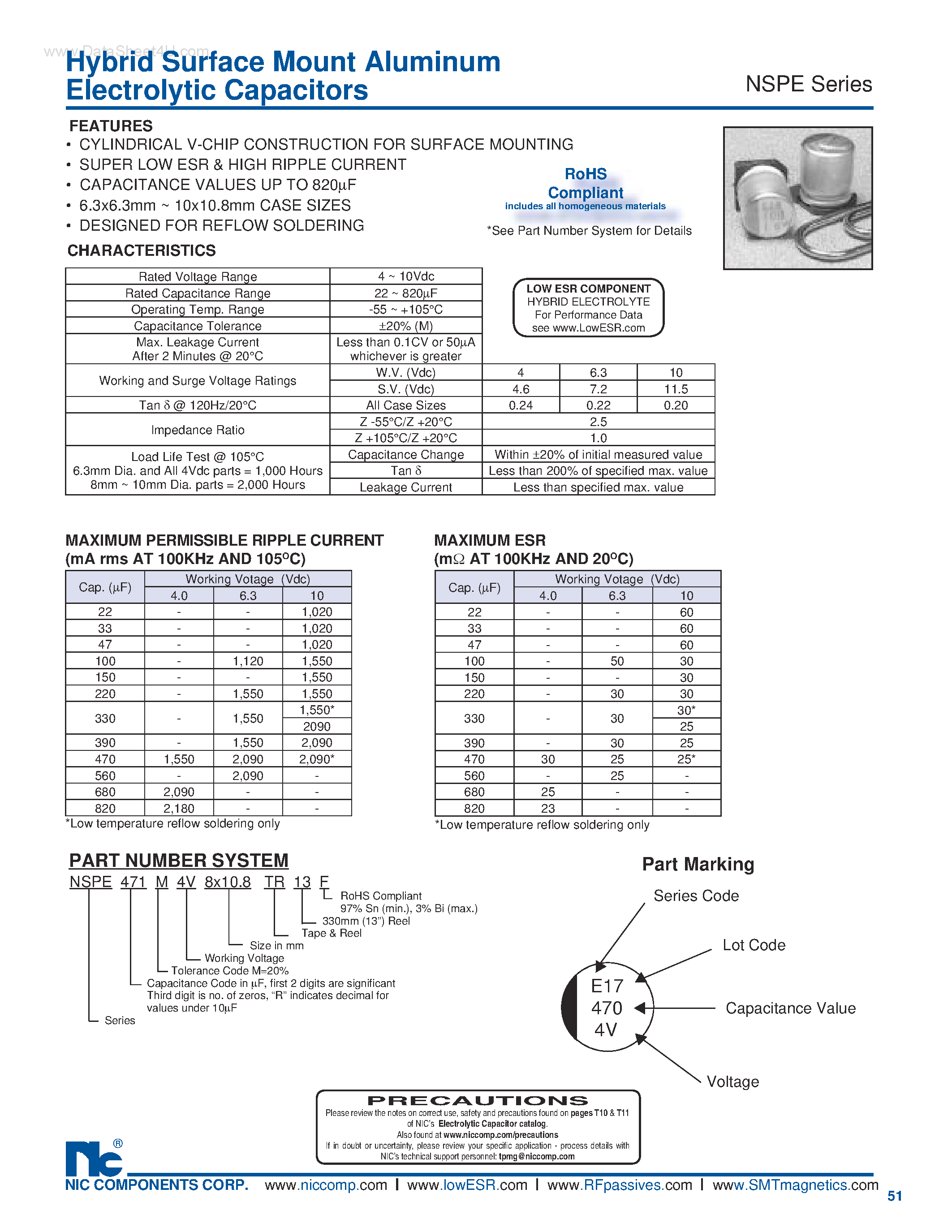 Datasheet NSPE - Hybrid Surface Mount Aluminum Electrolytic Capacitors page 1