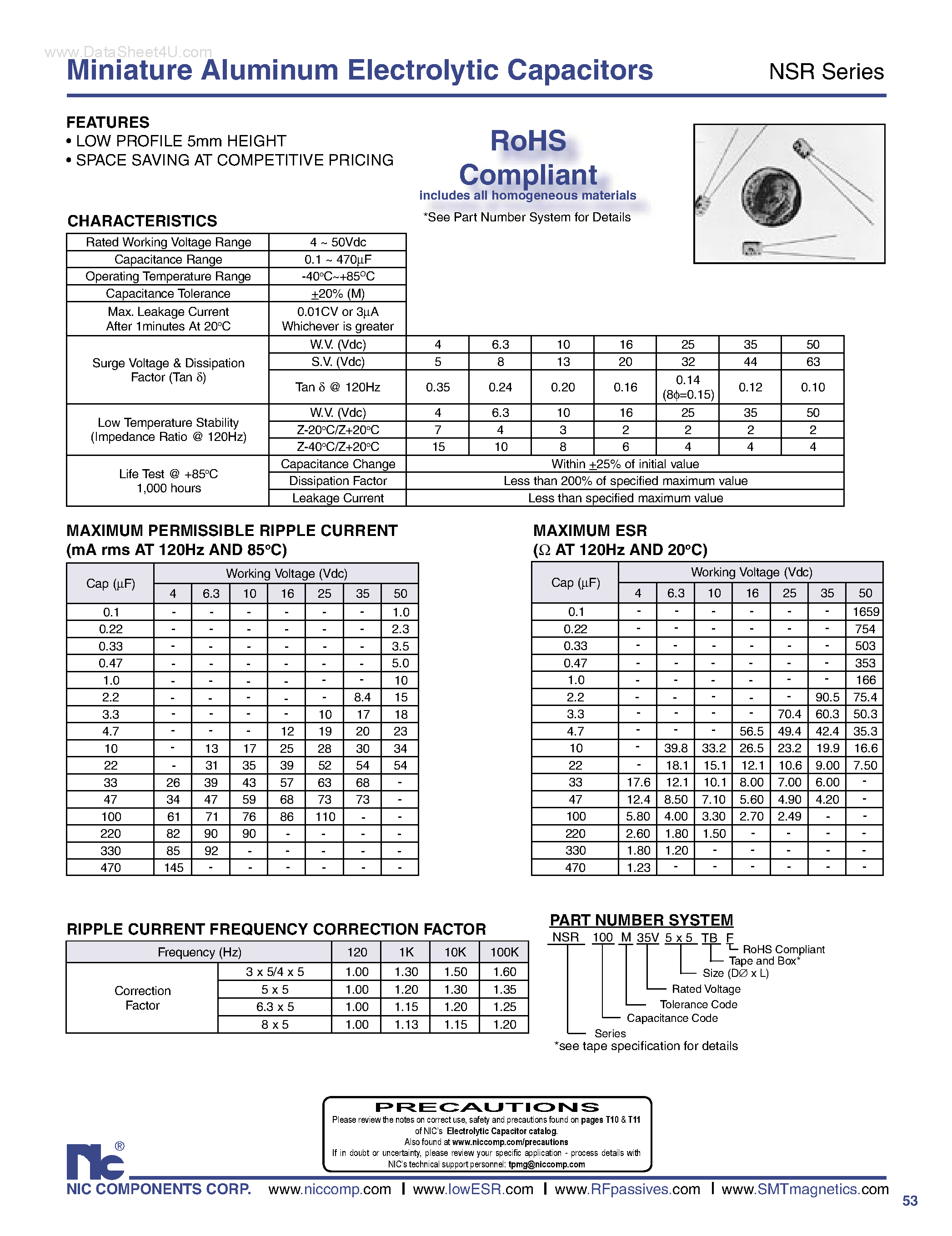 Datasheet NSR - Miniature Aluminum Electrolytic Capacitors page 1