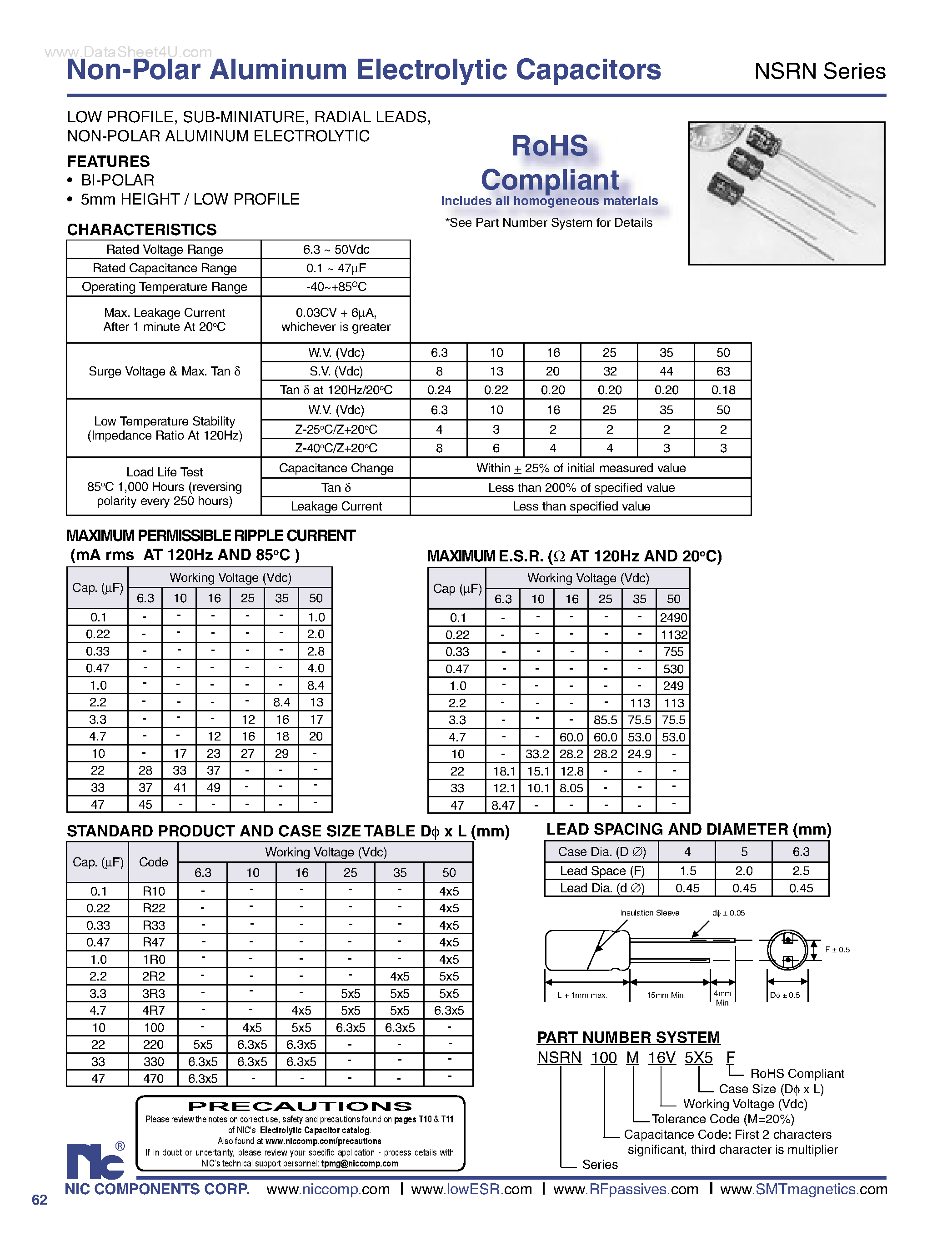 Datasheet NSRN - Non-Polar Aluminum Electrolytic Capacitors page 1
