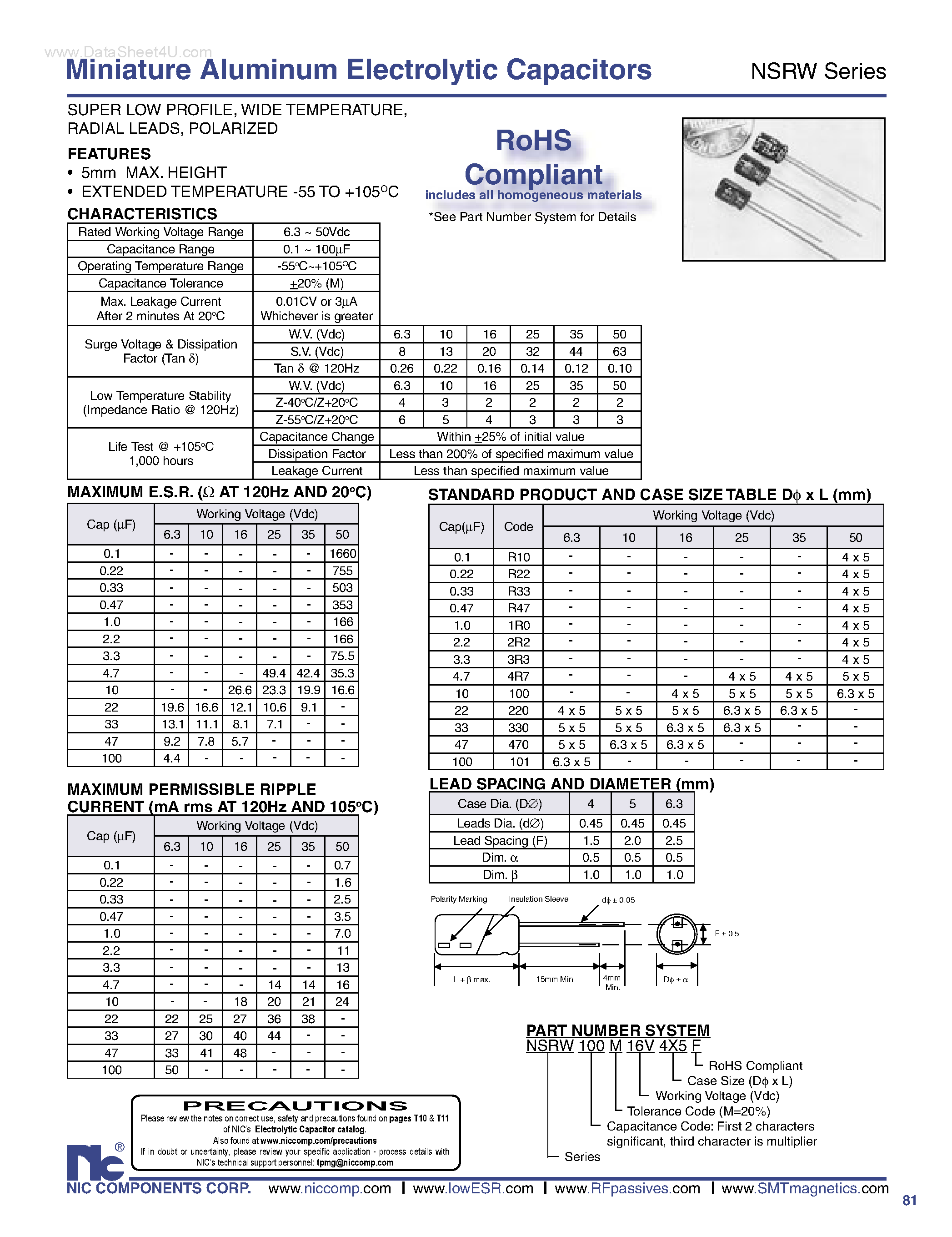 Datasheet NSRW - Miniature Aluminum Electrolytic Capacitors page 1