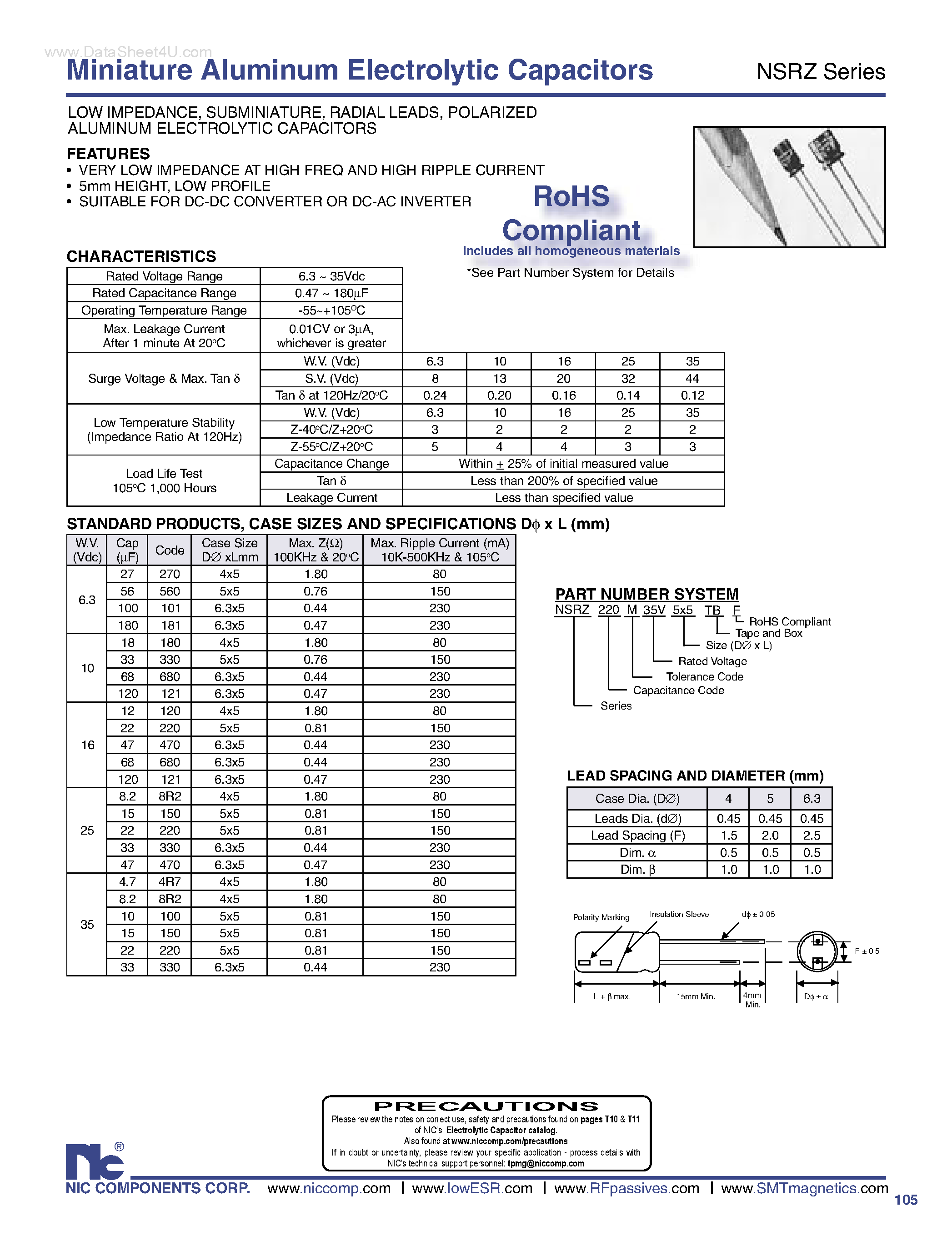 Datasheet NSRZ page 1 Datasheet NSRZ - Miniature Aluminum Electrolytic Capacitors page 1