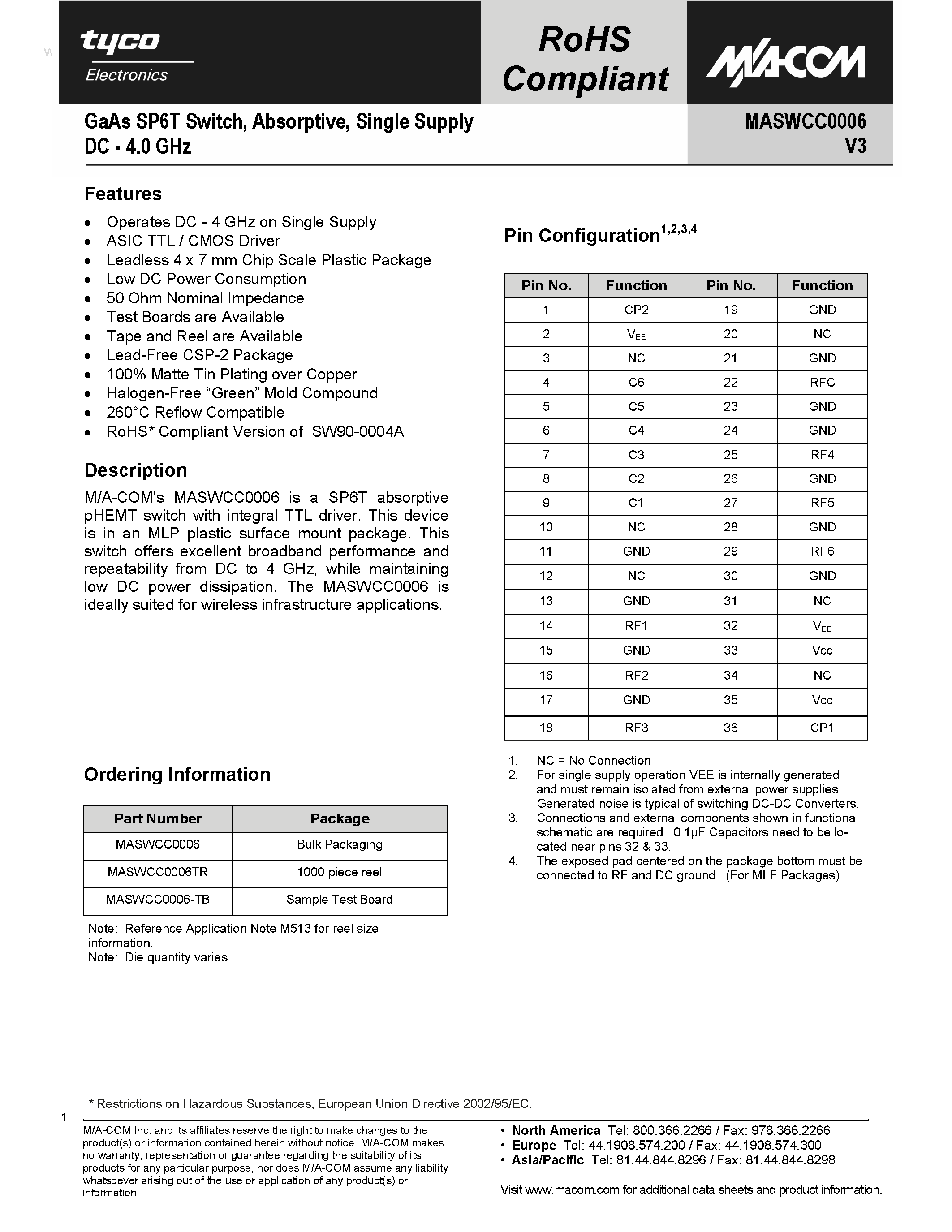 Datasheet MASWCC0006 page 1 Datasheet MASWCC0006 - GaAs SP6T Switch page 1