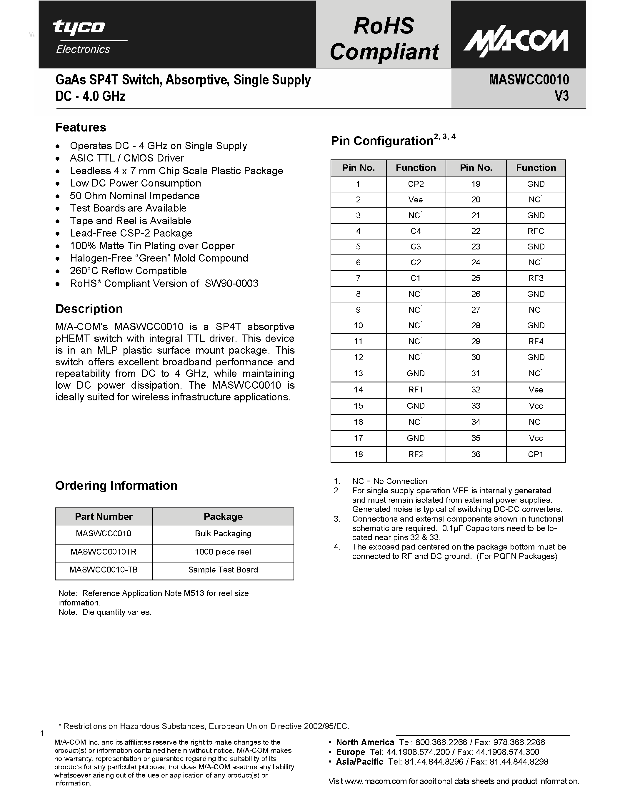 Datasheet MASWCC0010 page 1 Datasheet MASWCC0010 - GaAs SP4T Switch page 1