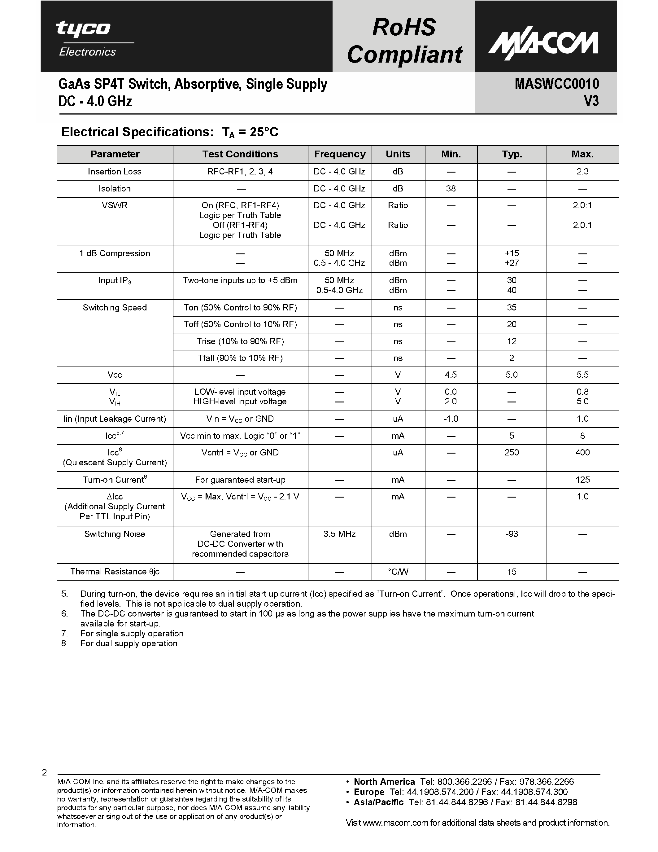 Datasheet MASWCC0010 page 2 Datasheet MASWCC0010 - GaAs SP4T Switch page 2