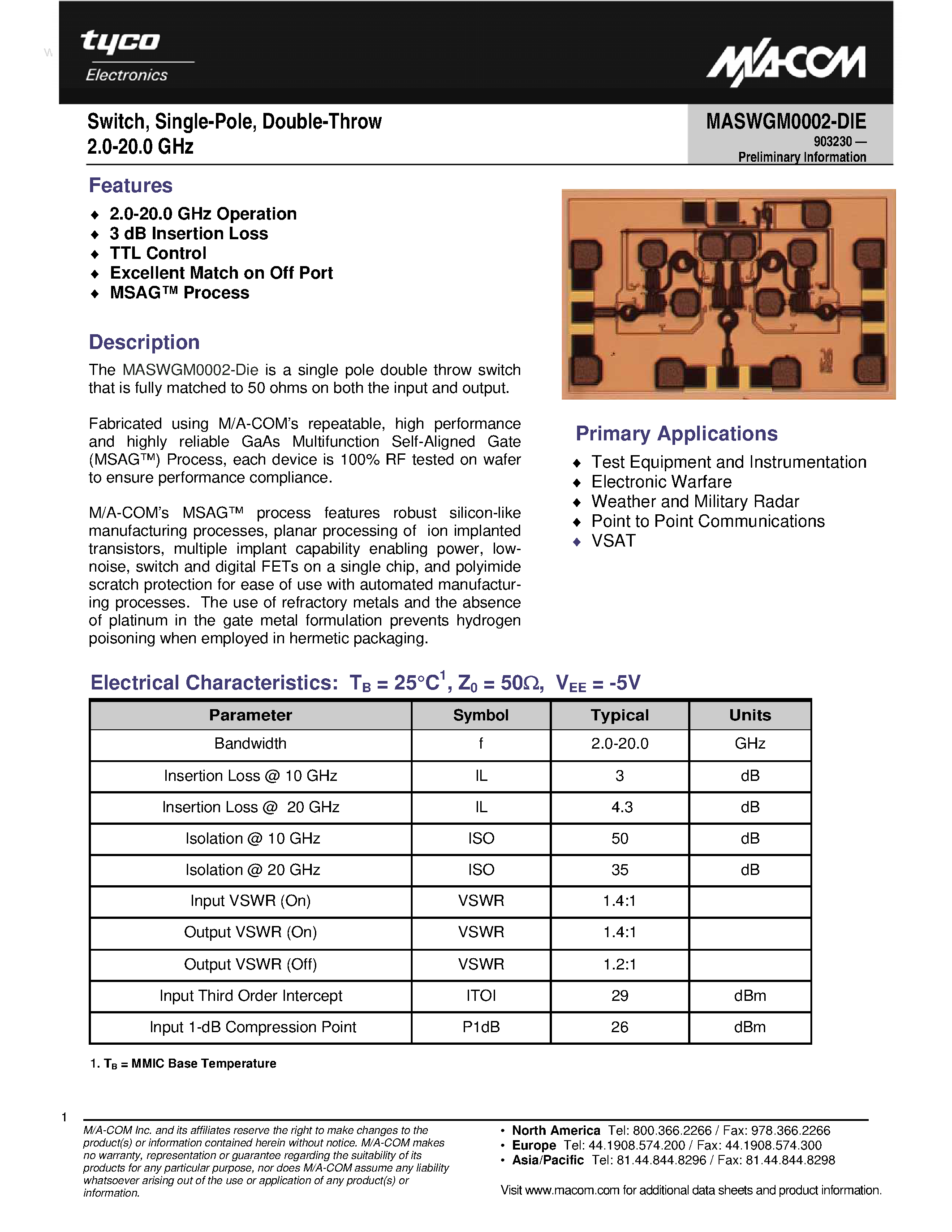 Datasheet MASWGM0002-DIE page 1 Datasheet MASWGM0002-DIE - Switch page 1