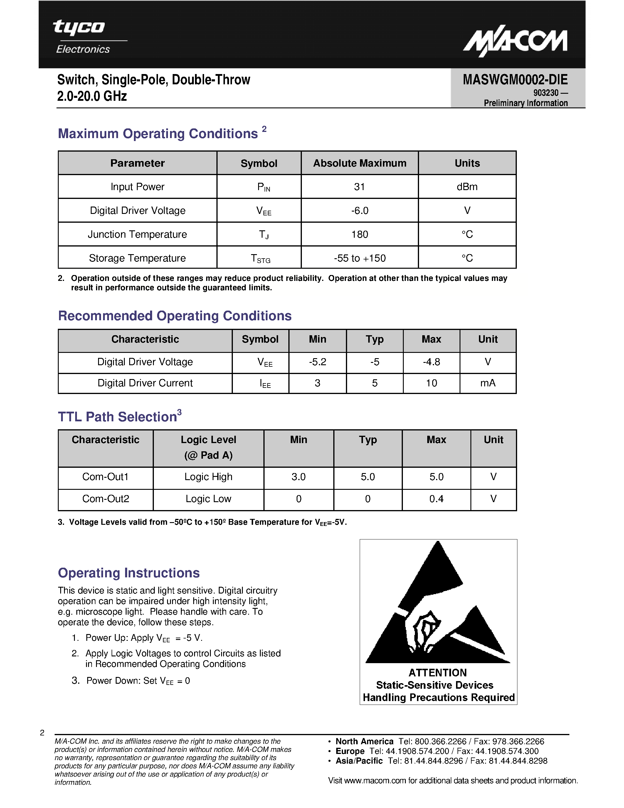 Datasheet MASWGM0002-DIE page 2 Datasheet MASWGM0002-DIE - Switch page 2