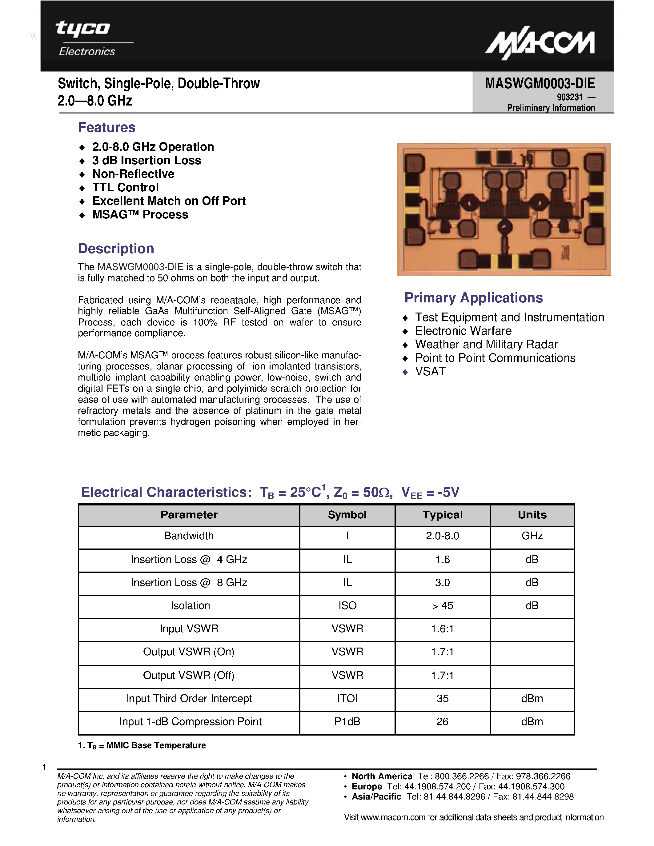 Datasheet MASWGM0003-DIE page 1 Datasheet MASWGM0003-DIE - Switch page 1