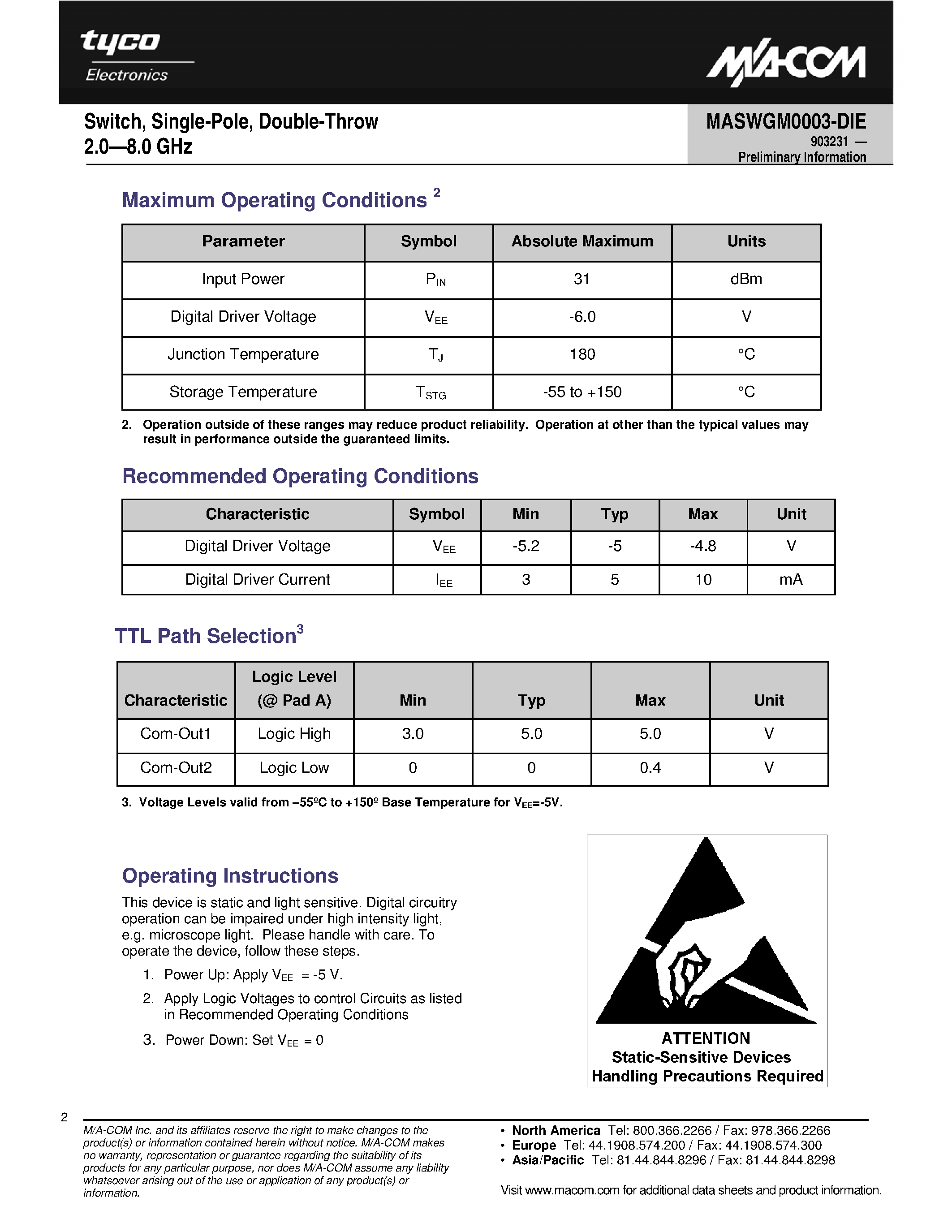 Datasheet MASWGM0003-DIE page 2 Datasheet MASWGM0003-DIE - Switch page 2