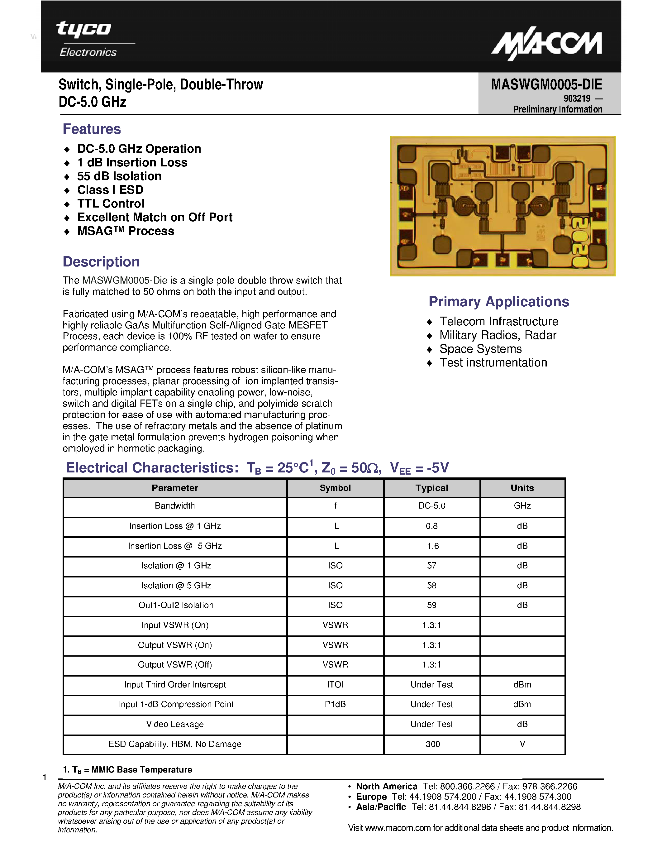 Datasheet MASWGM0005-DIE page 1 Datasheet MASWGM0005-DIE - Switch page 1