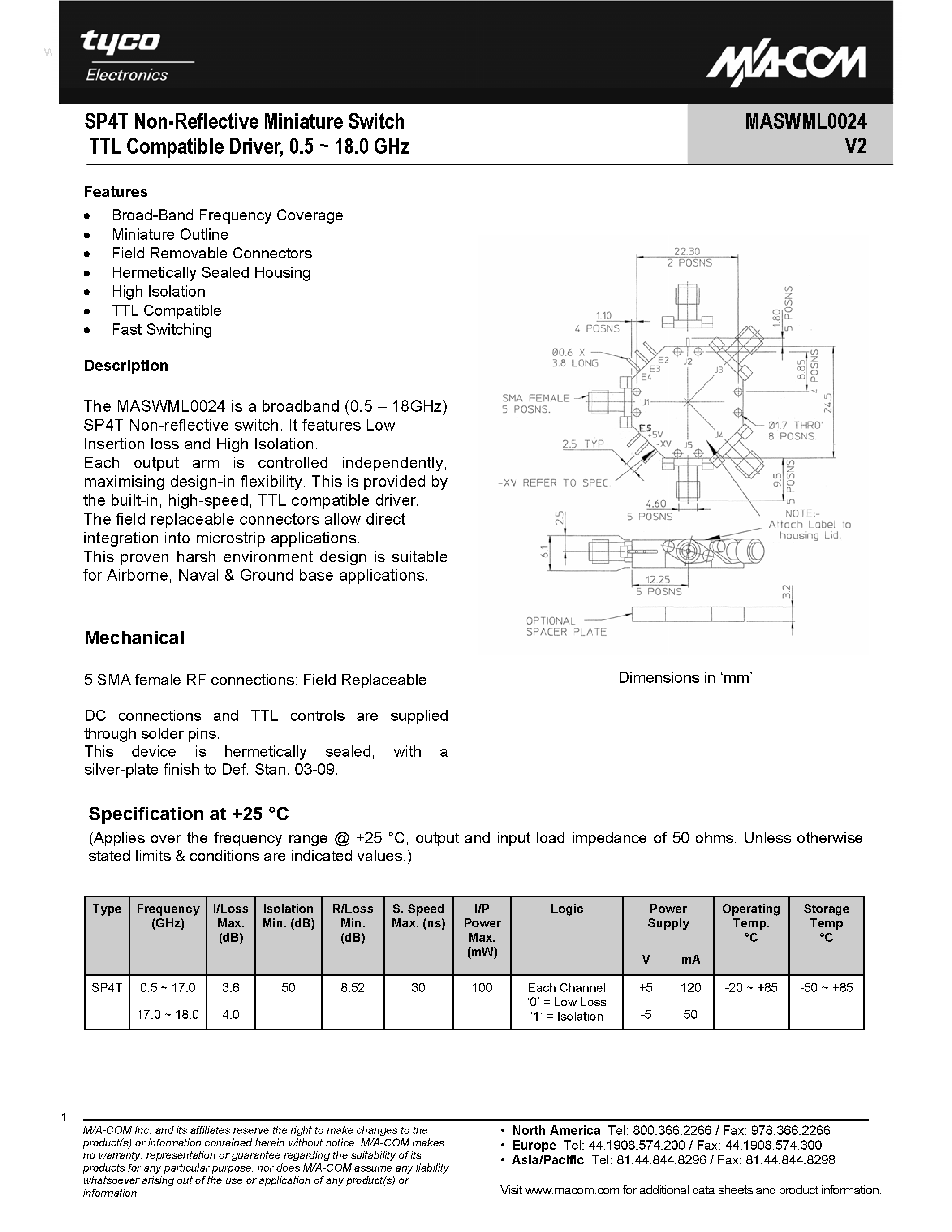 Datasheet MASWML0024 page 1 Datasheet MASWML0024 - SP4T Non-Reflective Miniature Switch TTL Compatible Driver page 1