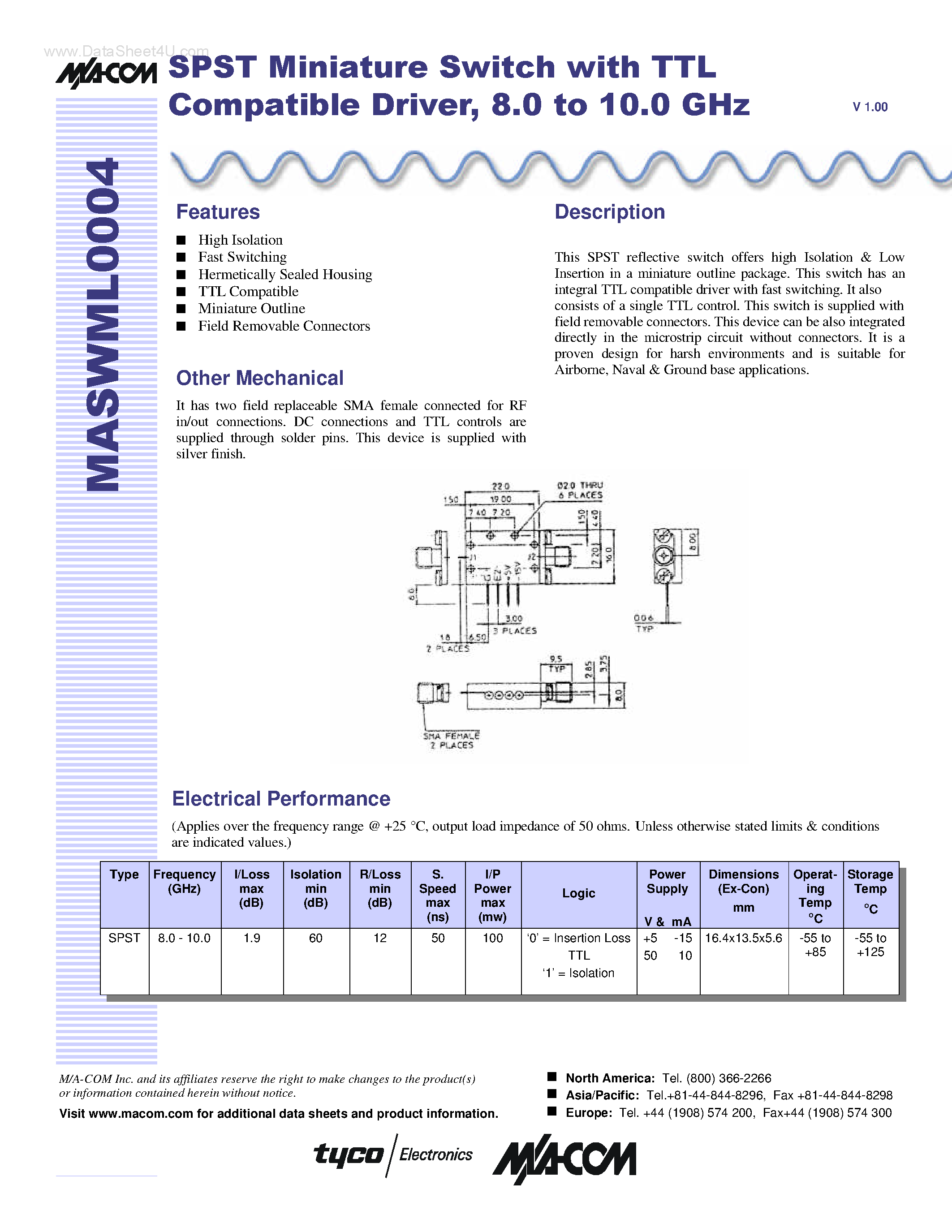 Datasheet MASWML004 page 1 Datasheet MASWML004 - SPST Miniature Switch page 1