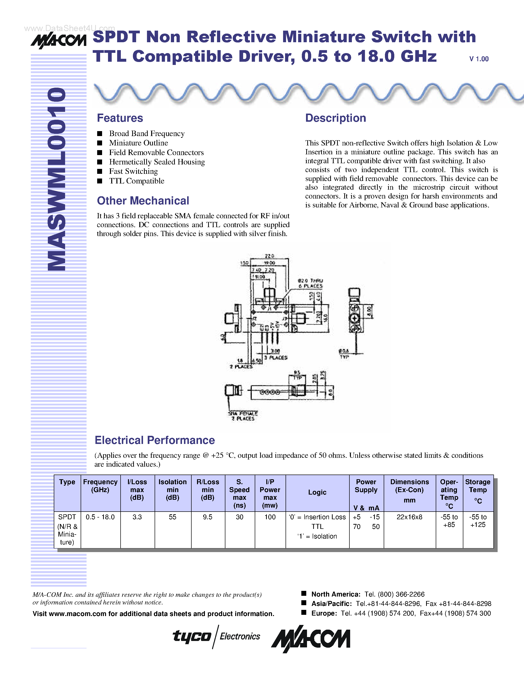 Datasheet MASWML010 page 1 Datasheet MASWML010 - SPDT Non Reflective Miniature Switch page 1