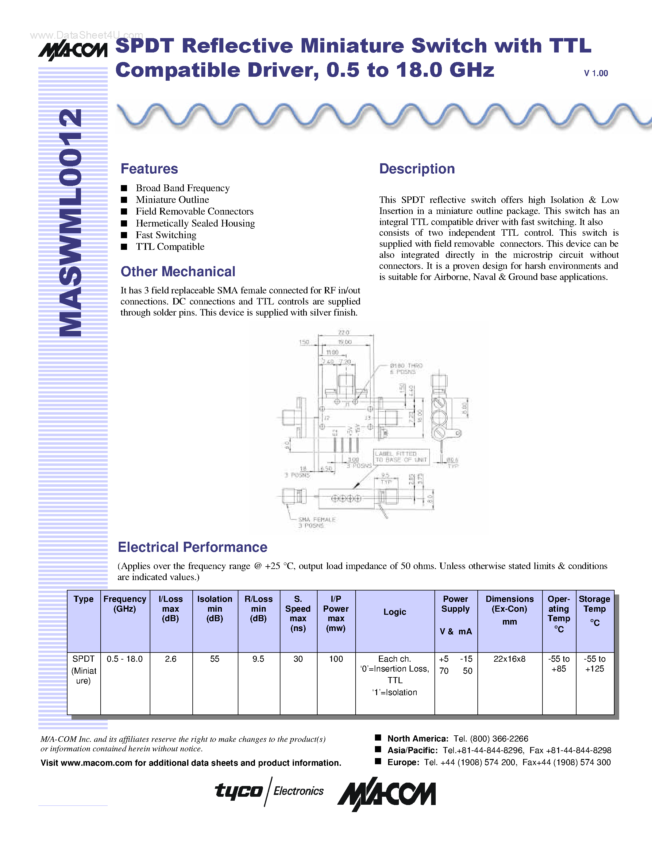 Datasheet MASWML012 page 1 Datasheet MASWML012 - SPDT Reflective Miniature Switch page 1