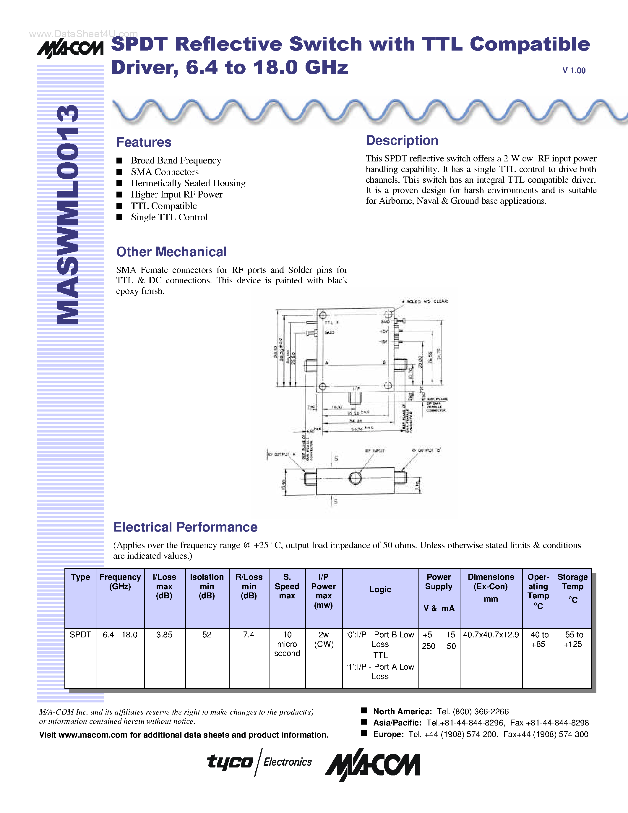 Datasheet MASWML013 page 1 Datasheet MASWML013 - SPDT Reflective Switch page 1