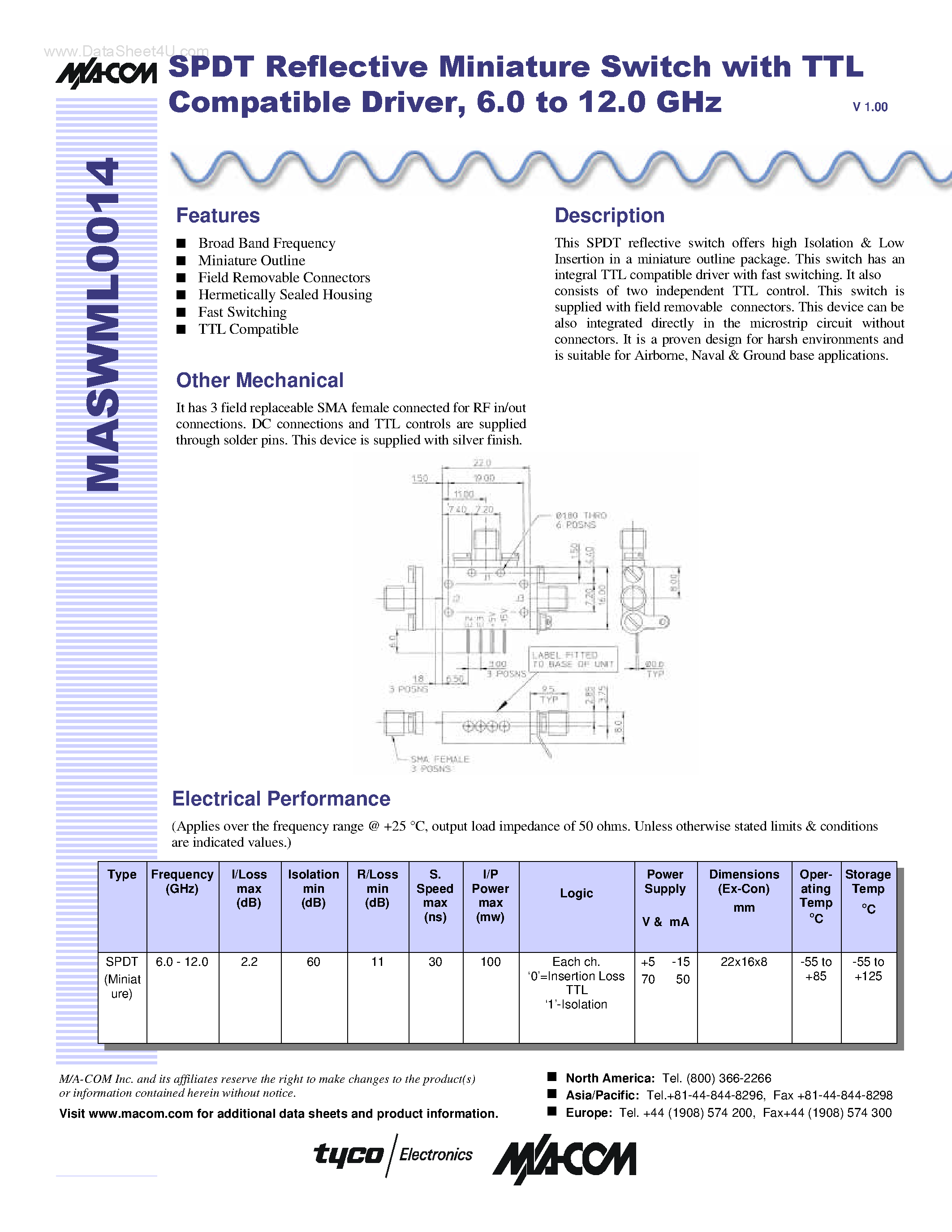 Datasheet MASWML014 page 1 Datasheet MASWML014 - SPDT Reflective Miniature Switch page 1