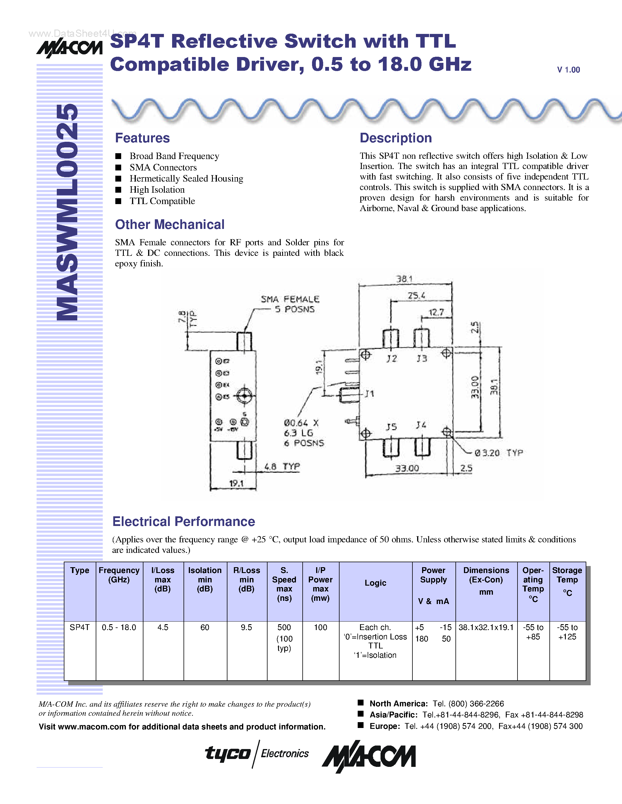 Datasheet MASWML025 page 1 Datasheet MASWML025 - SP4T Reflective Switch page 1