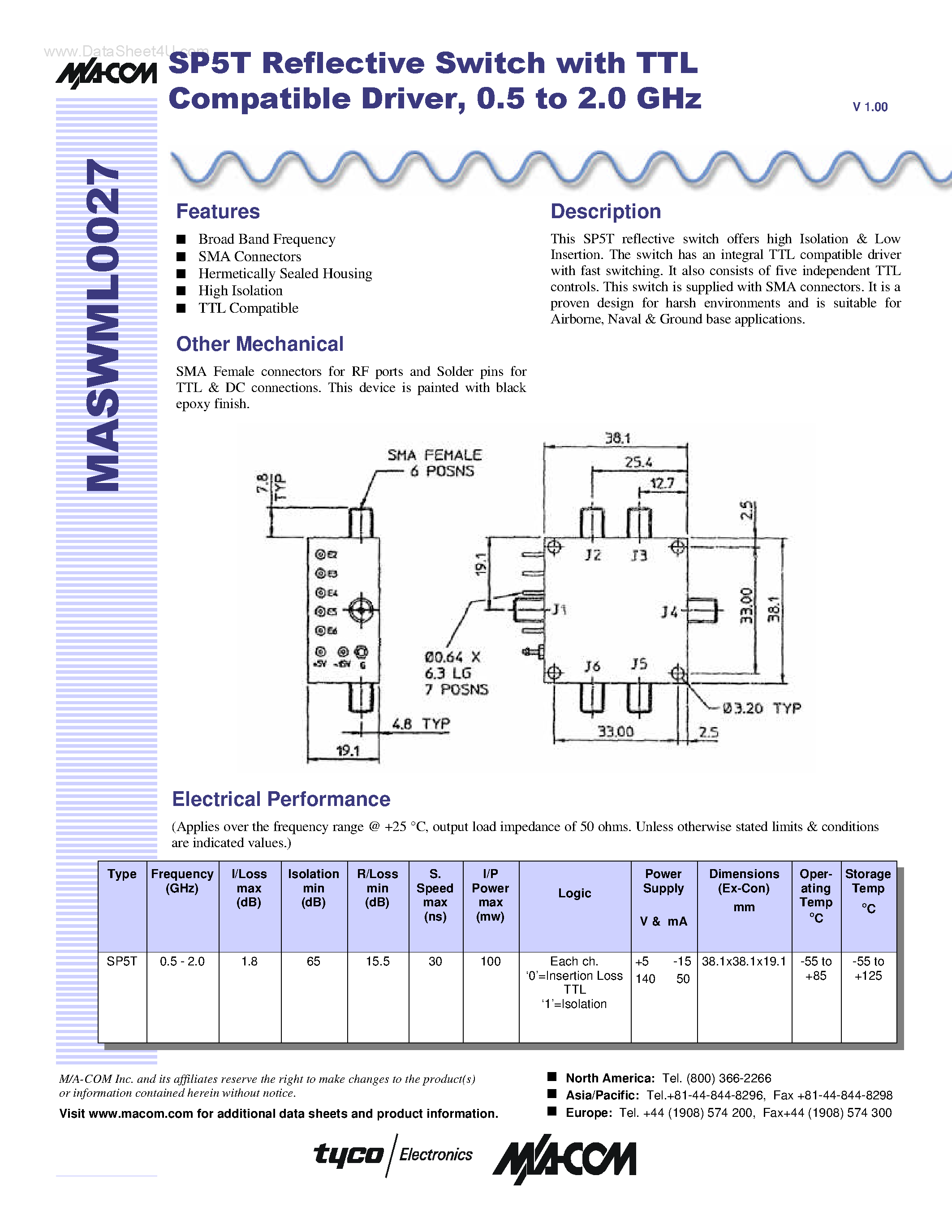 Datasheet MASWML027 page 1 Datasheet MASWML027 - SP5T Reflective Switch page 1