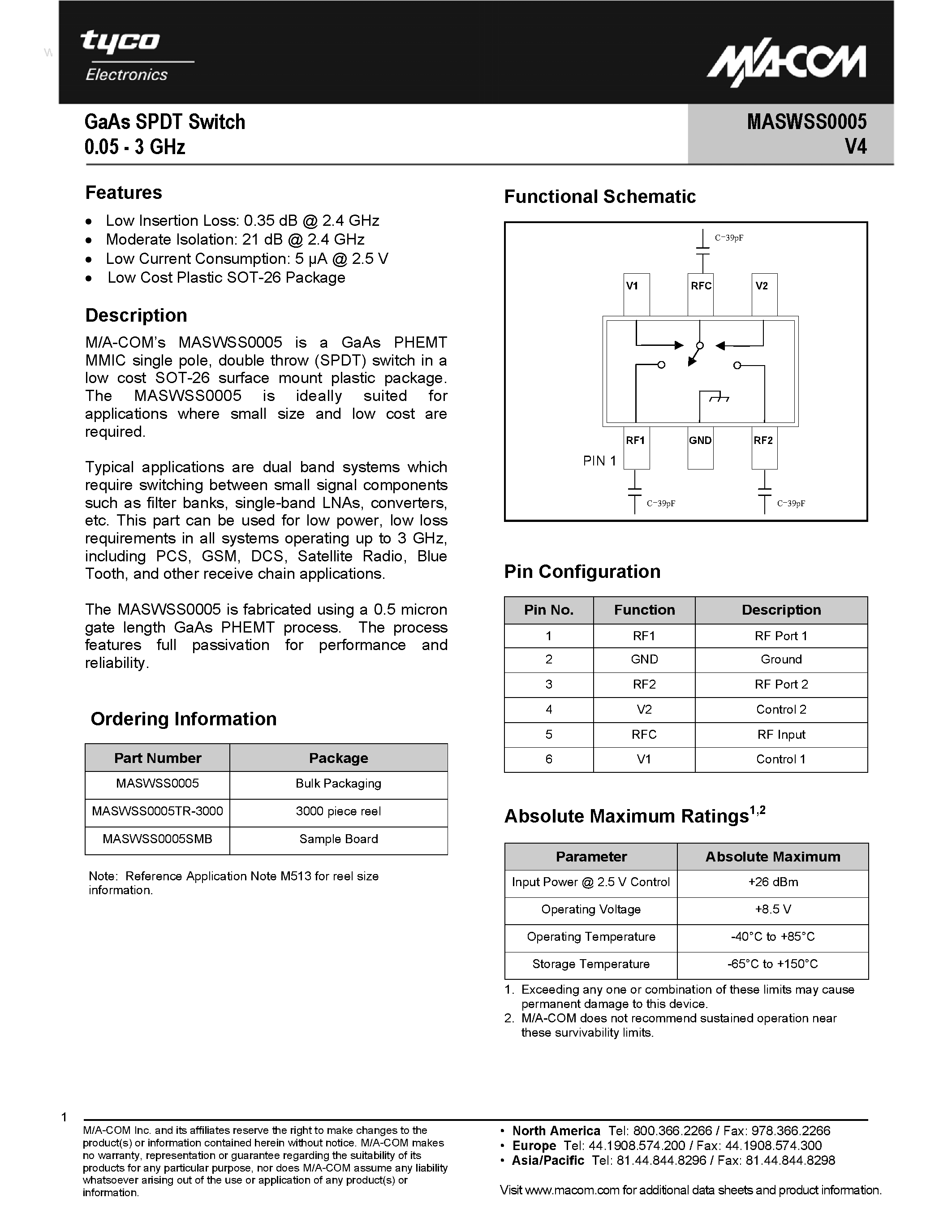 Datasheet MASWSS0005 page 1 Datasheet MASWSS0005 - GaAs SPDT Switch page 1