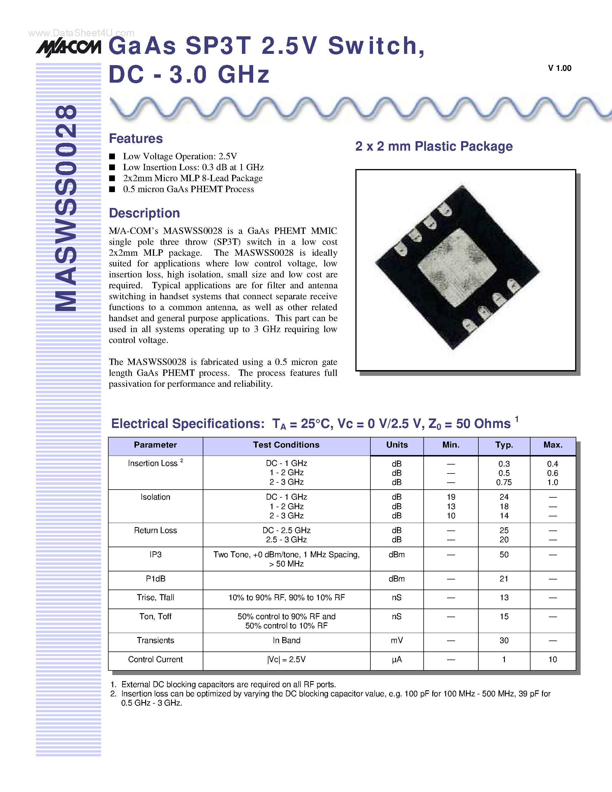 Даташит MASWSS0028 - GaAs SP3T 2.5 V Switch страница 1