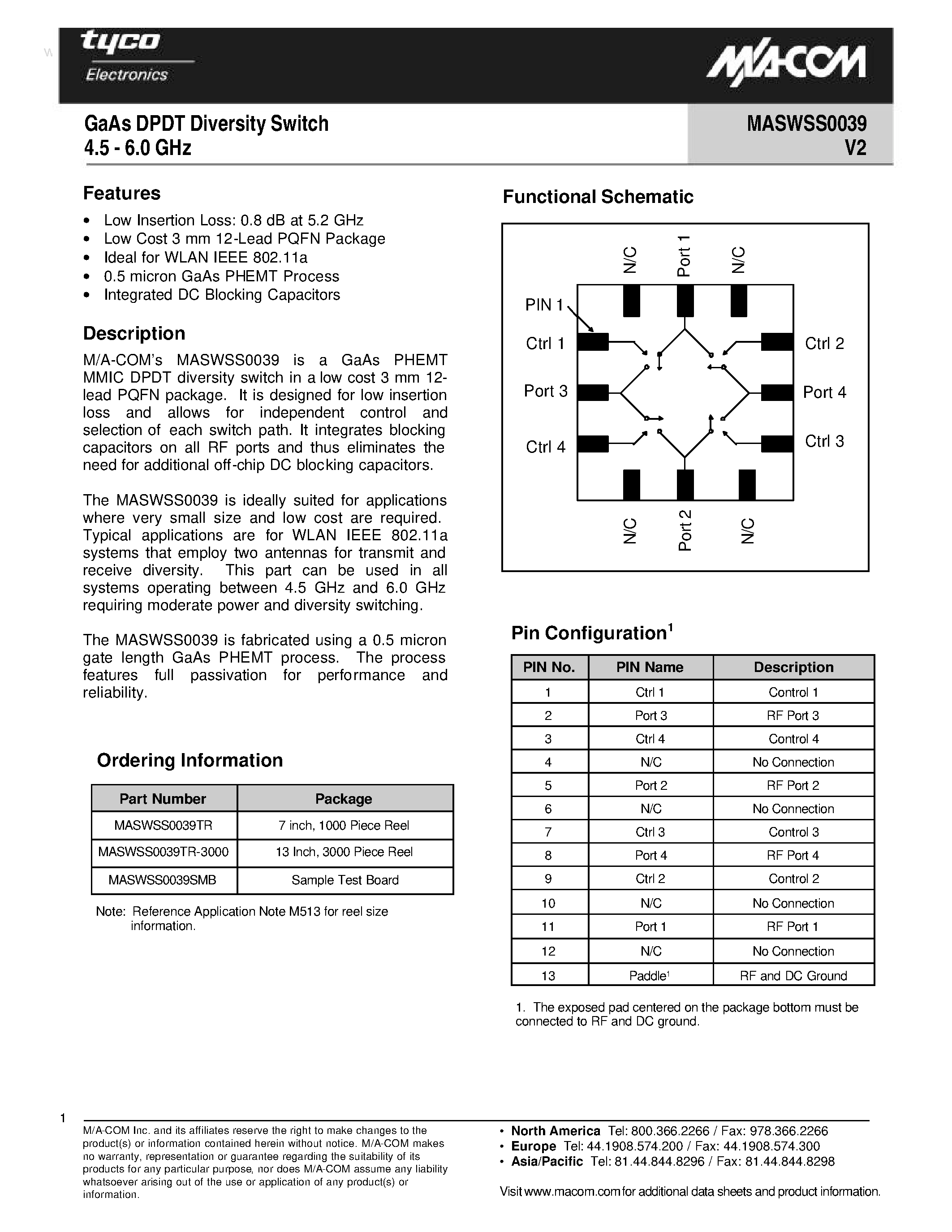 Datasheet MASWSS0039 page 1 Datasheet MASWSS0039 - GaAs DPDT Diversity Switch page 1