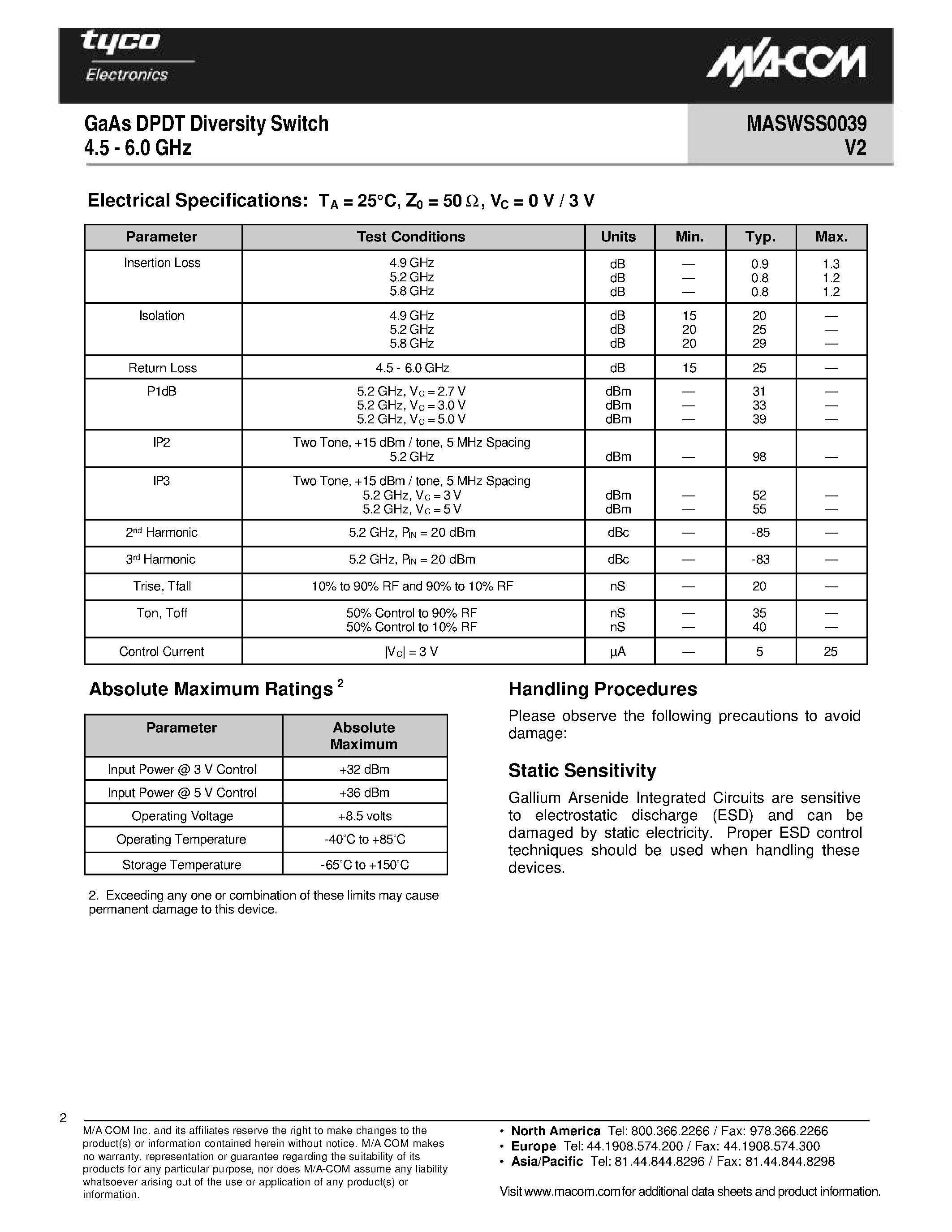 Datasheet MASWSS0039 page 2 Datasheet MASWSS0039 - GaAs DPDT Diversity Switch page 2