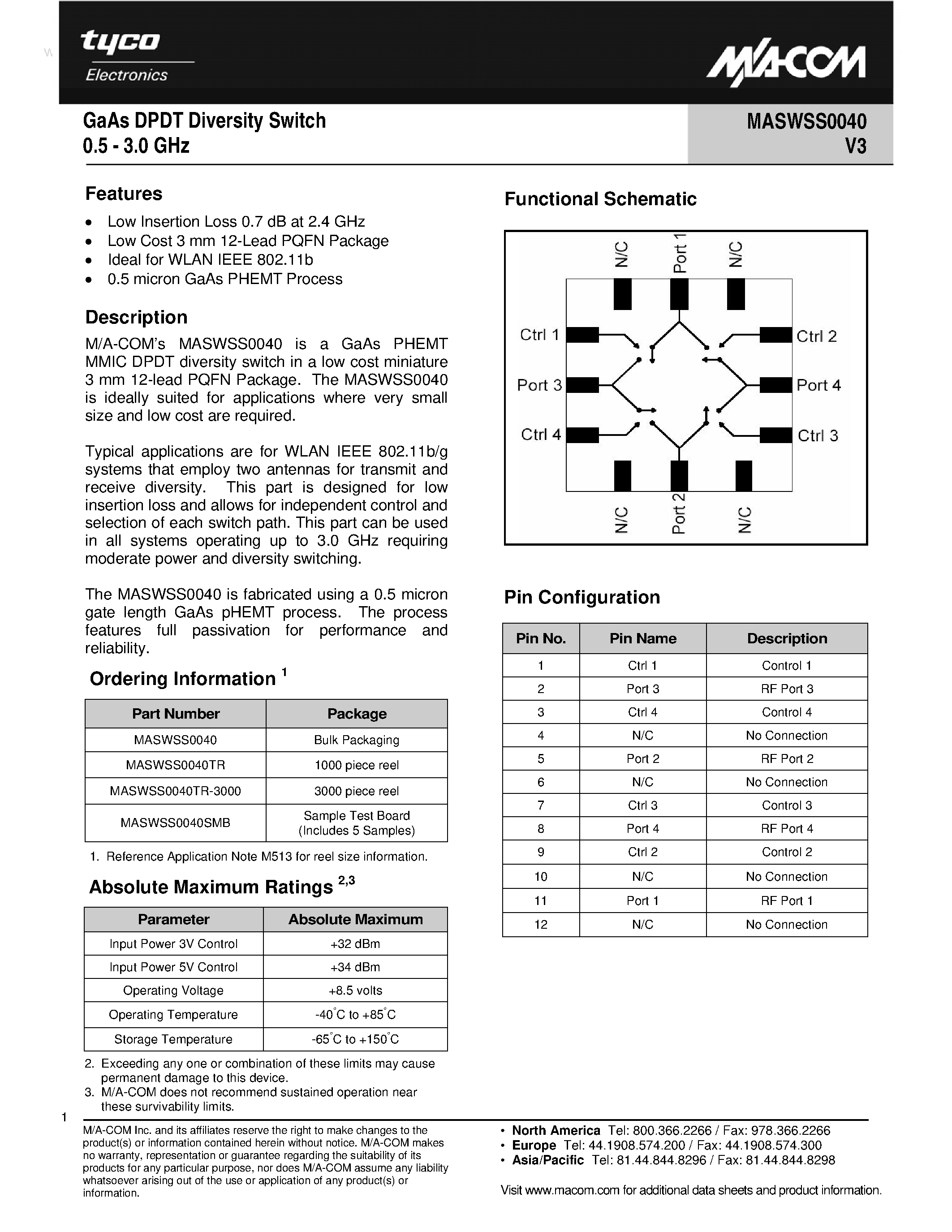 Datasheet MASWSS0040 page 1 Datasheet MASWSS0040 - GaAs DPDT Diversity Switch page 1
