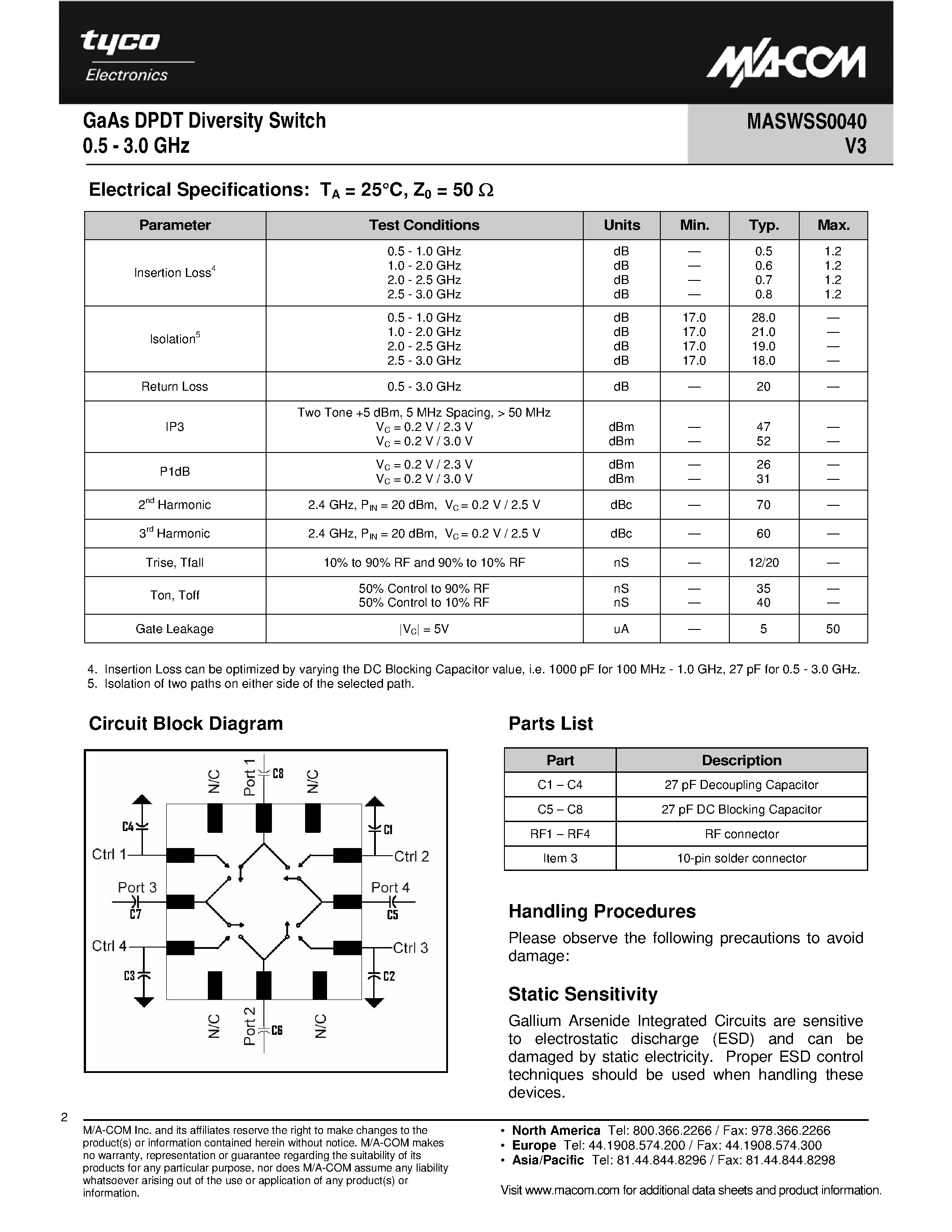 Datasheet MASWSS0040 page 2 Datasheet MASWSS0040 - GaAs DPDT Diversity Switch page 2