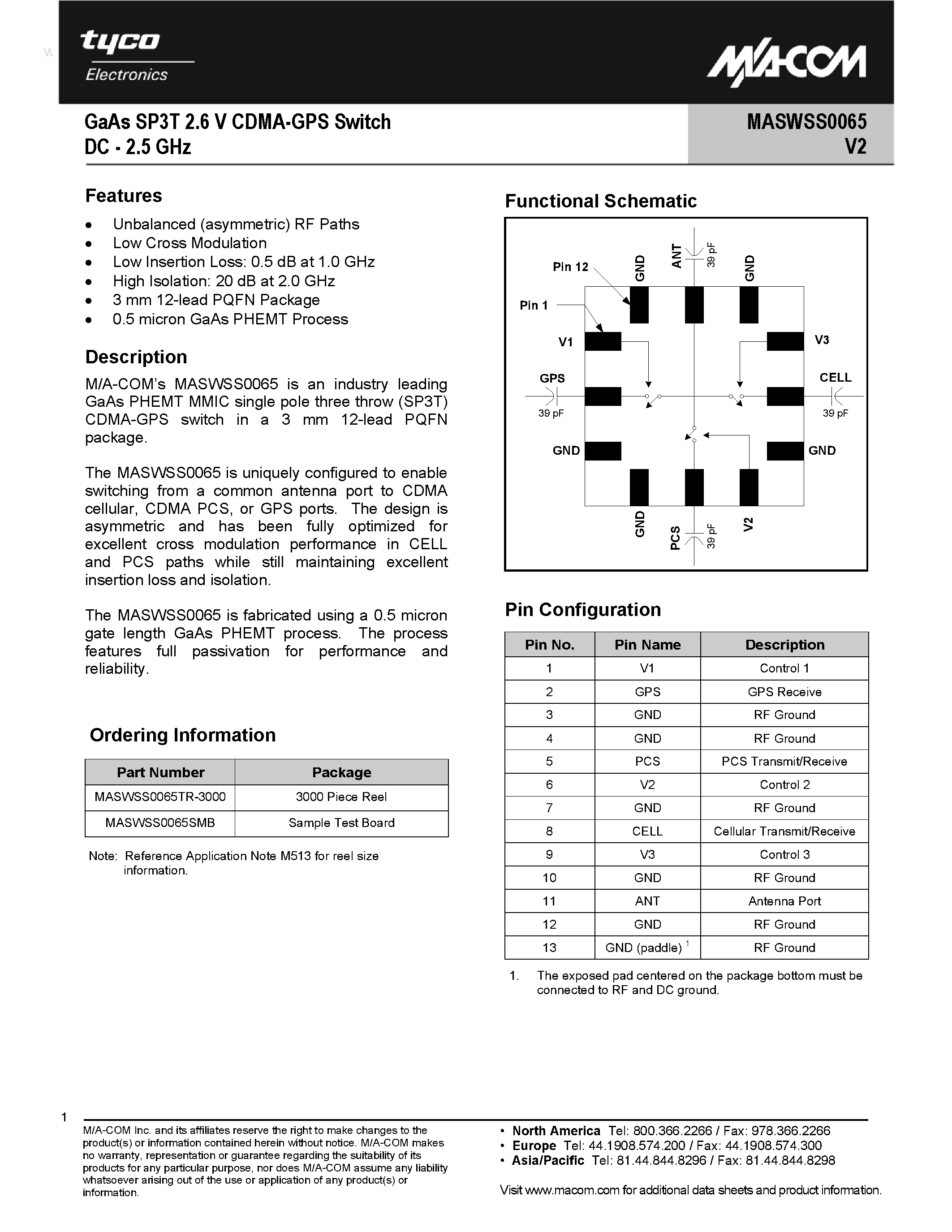 Даташит MASWSS0065 - GaAs SP3T 2.6 V CDMA-GPS Switch страница 1