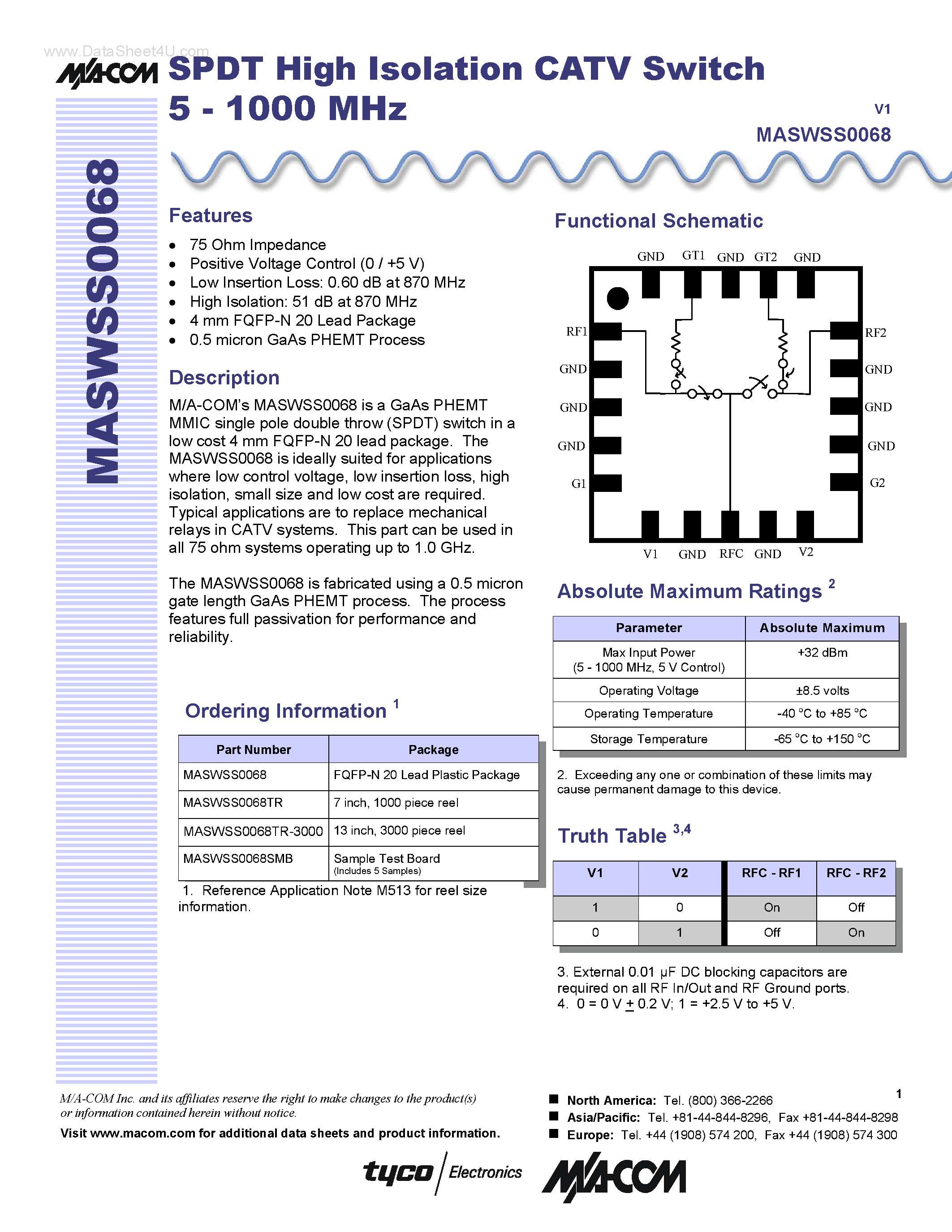 Datasheet MASWSS0068 page 1 Datasheet MASWSS0068 - SPST High Isolation CATV Switch page 1