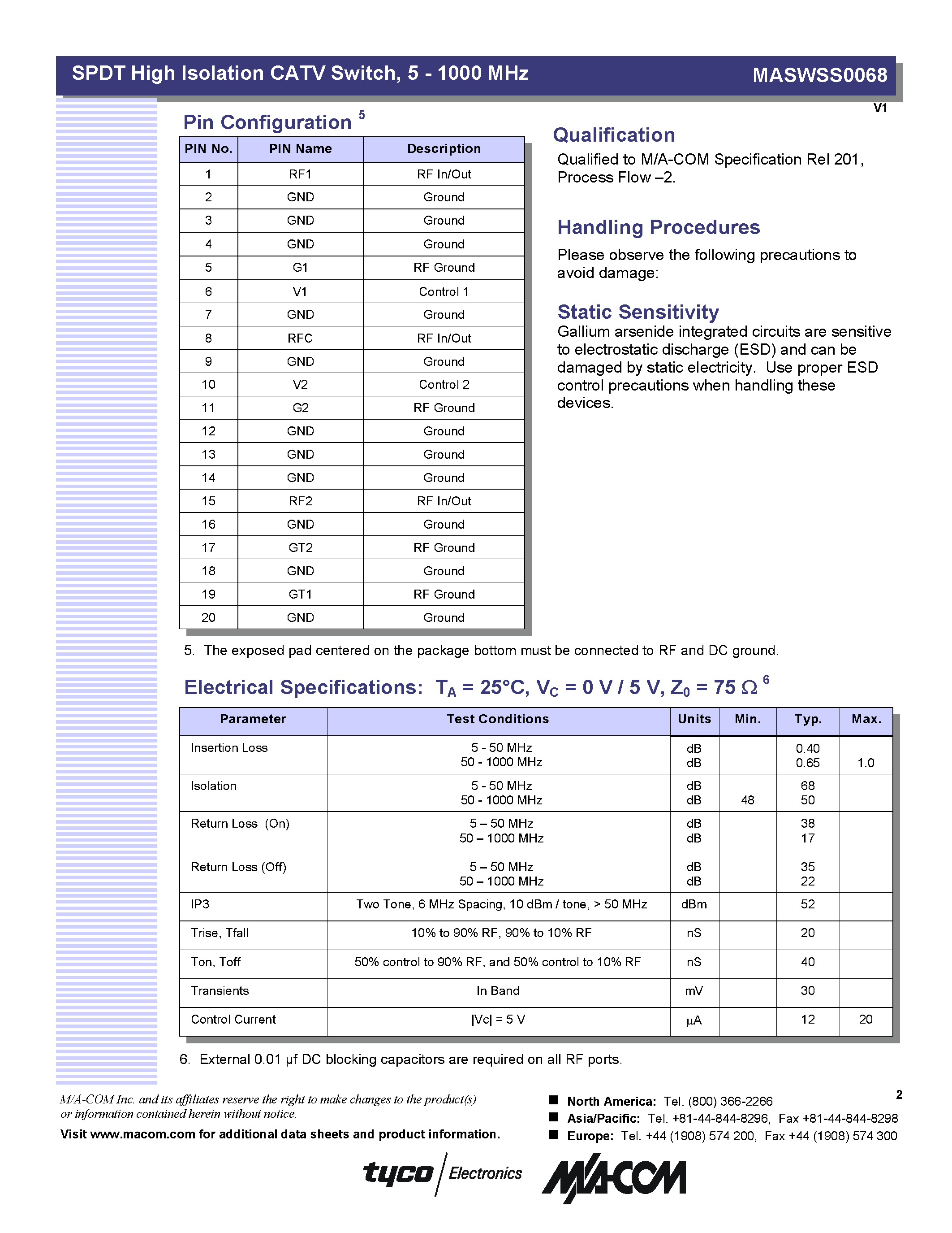 Datasheet MASWSS0068 page 2 Datasheet MASWSS0068 - SPST High Isolation CATV Switch page 2