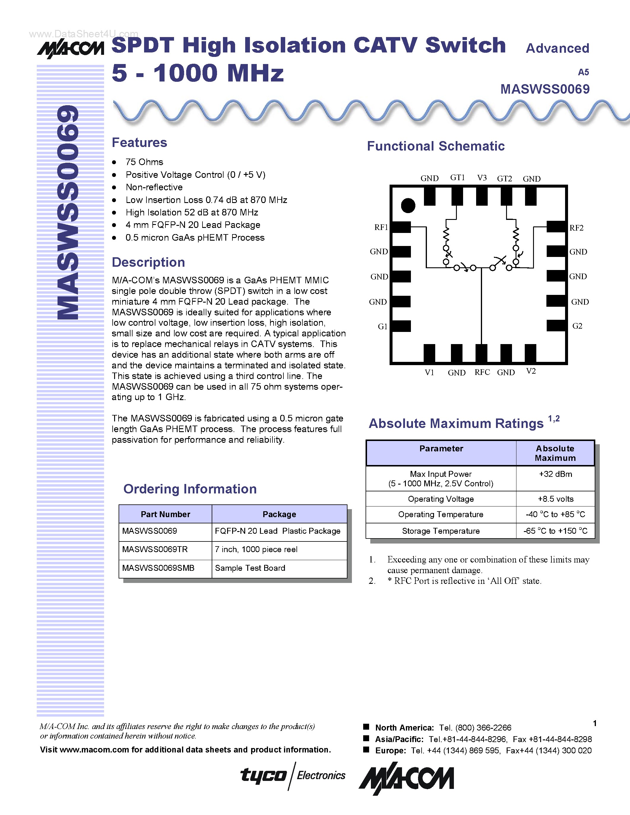 Datasheet MASWSS0069 page 1 Datasheet MASWSS0069 - SPST High Isolation CATV Switch page 1