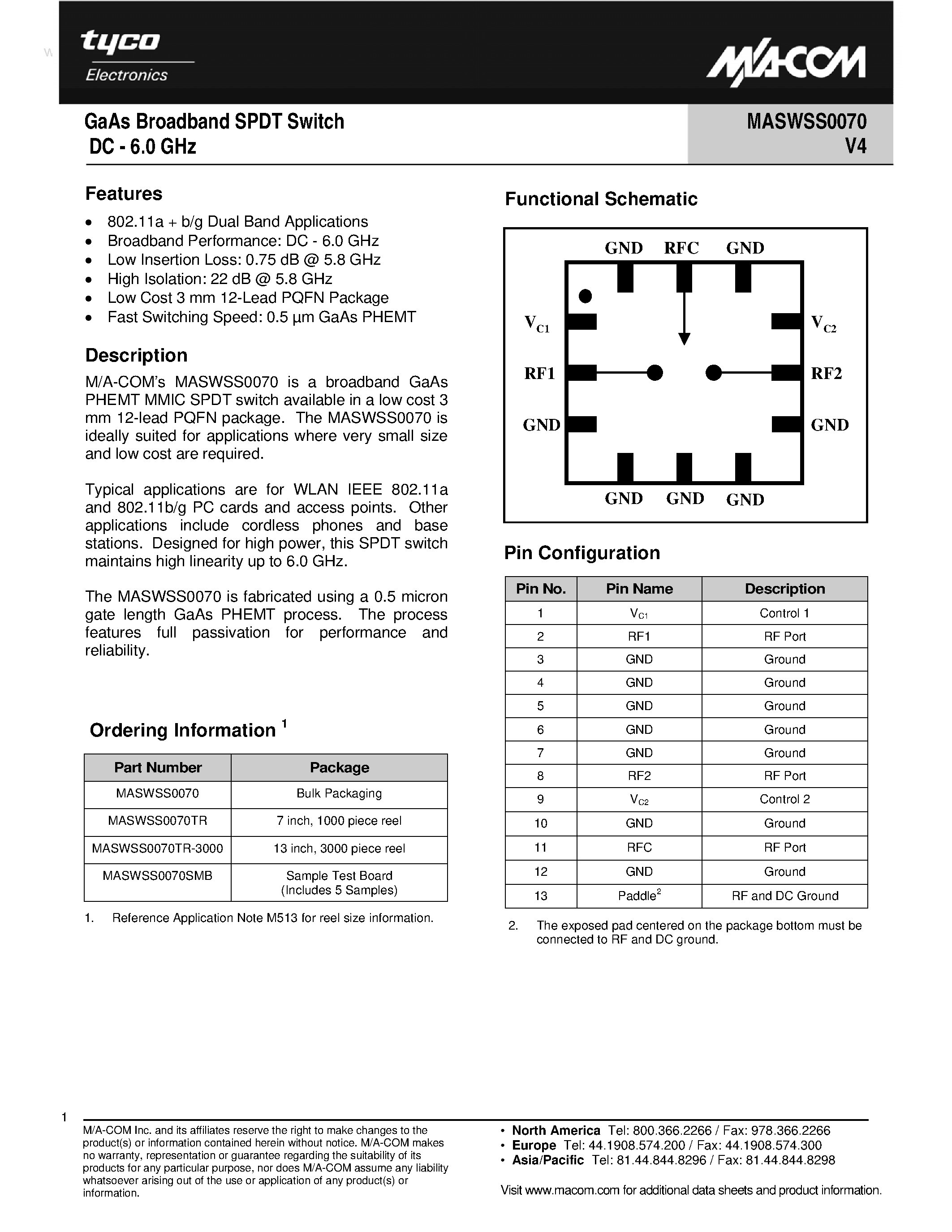 Datasheet MASWSS0070 page 1 Datasheet MASWSS0070 - GaAs Broadband SPDT Switch page 1