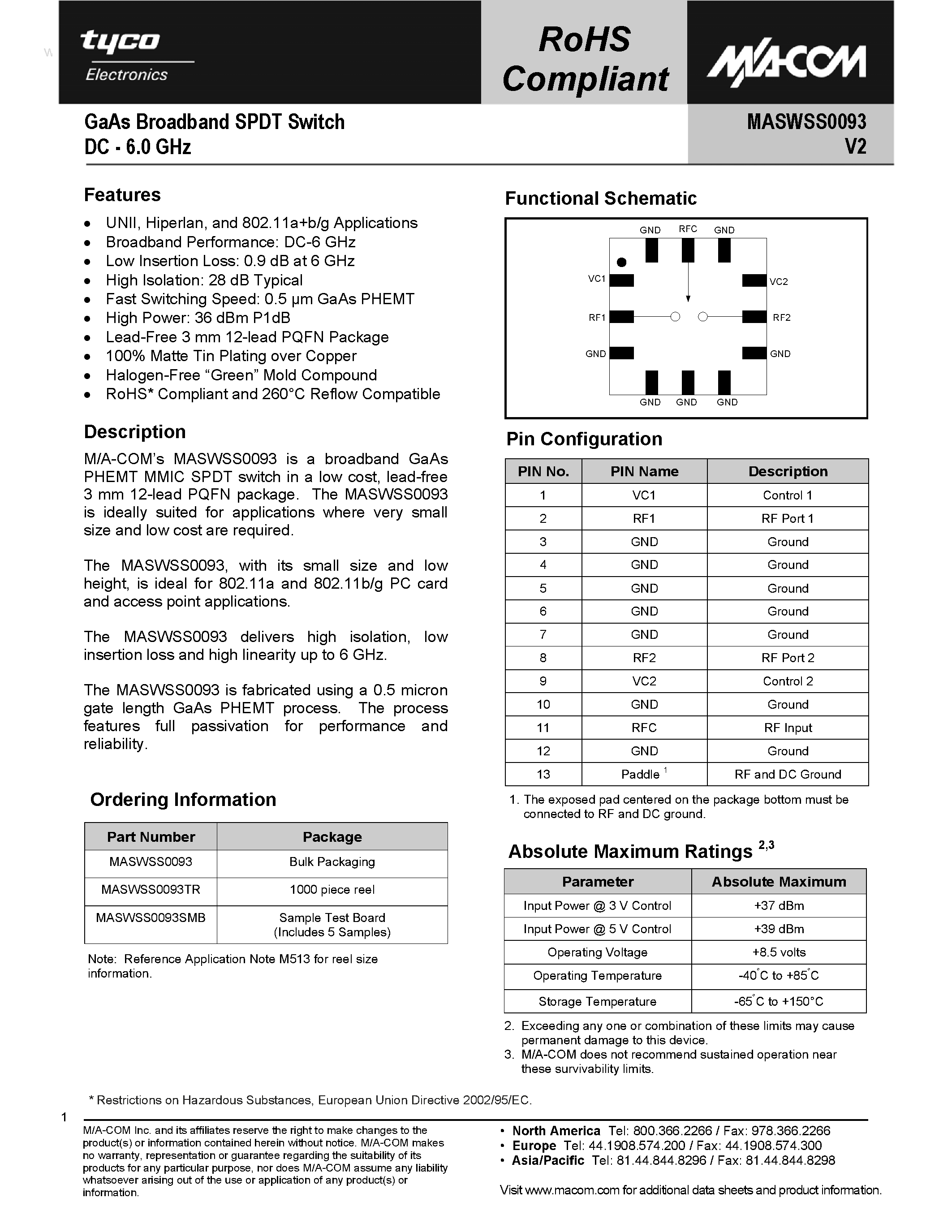Datasheet MASWSS0093 page 1 Datasheet MASWSS0093 - GaAs Broadband SPDT Switch page 1
