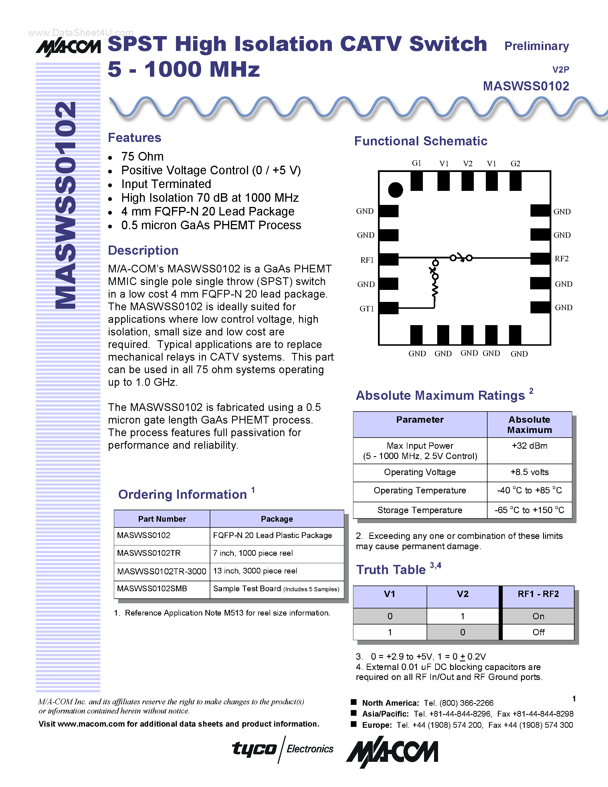 Datasheet MASWSS0102 page 1 Datasheet MASWSS0102 - SPST High Isolation CATV Switch page 1