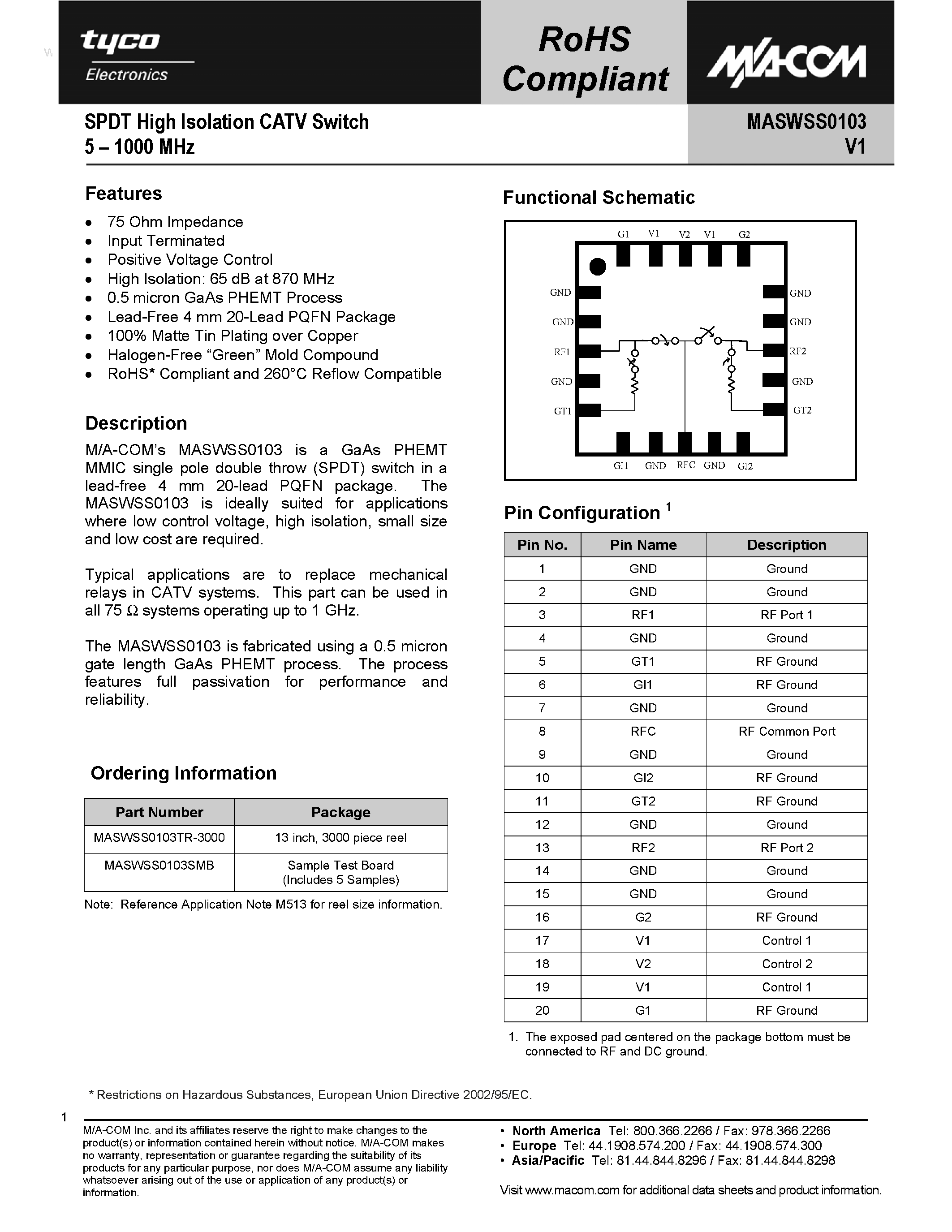 Datasheet MASWSS0103 page 1 Datasheet MASWSS0103 - SPST High Isolation CATV Switch page 1