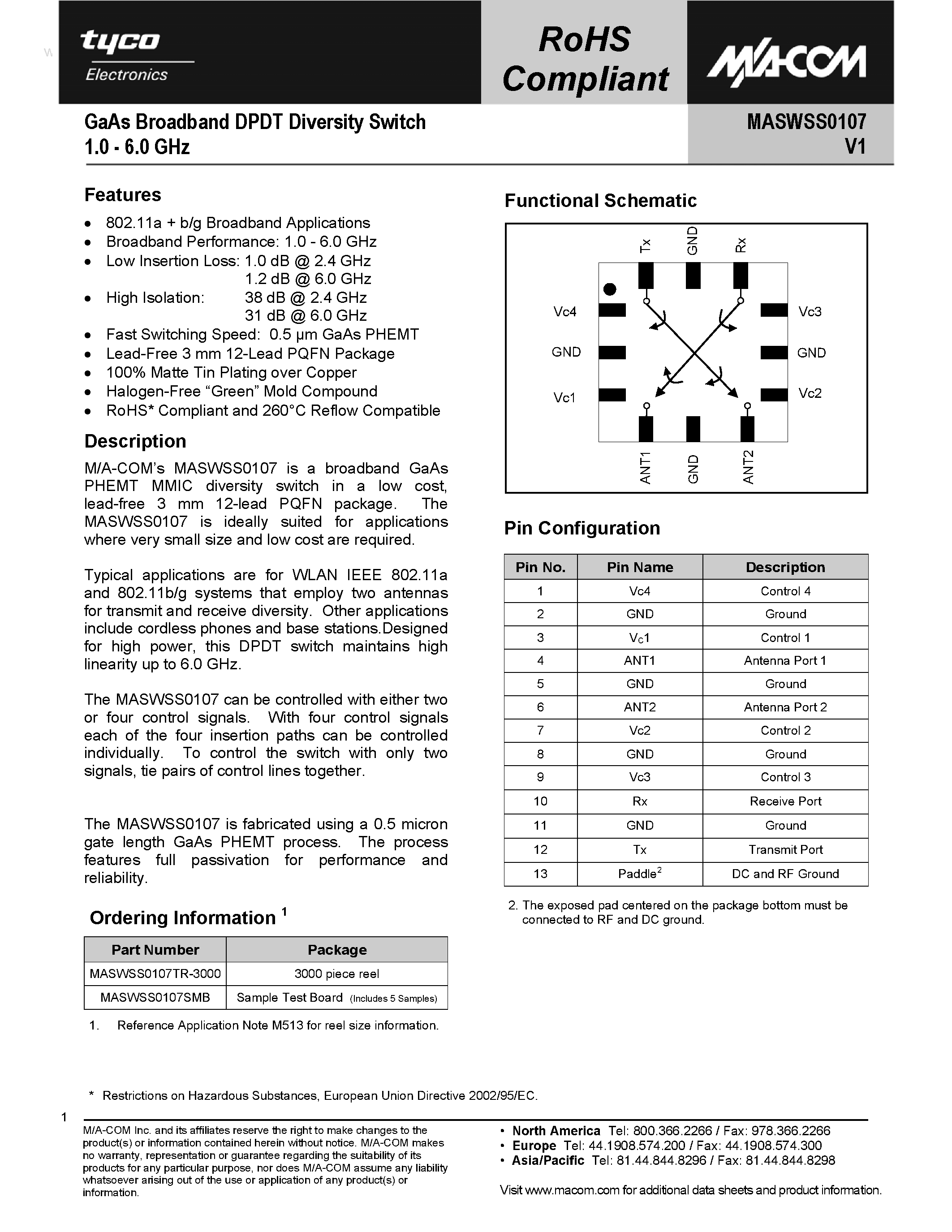 Datasheet MASWSS0107 page 1 Datasheet MASWSS0107 - GaAs Broadband DPDT Diversity Switch page 1