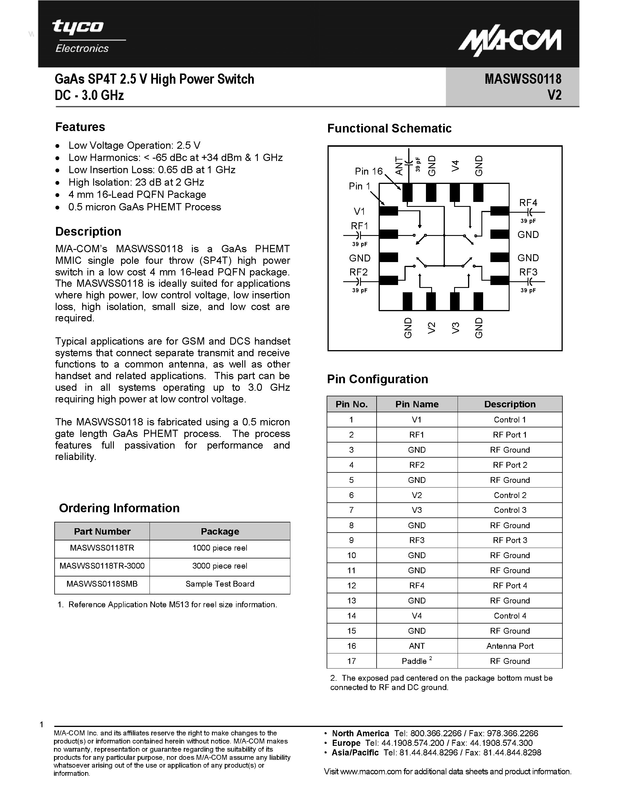 Даташит MASWSS0118 - GaAs SP4T 2.5 V High Power Switch страница 1