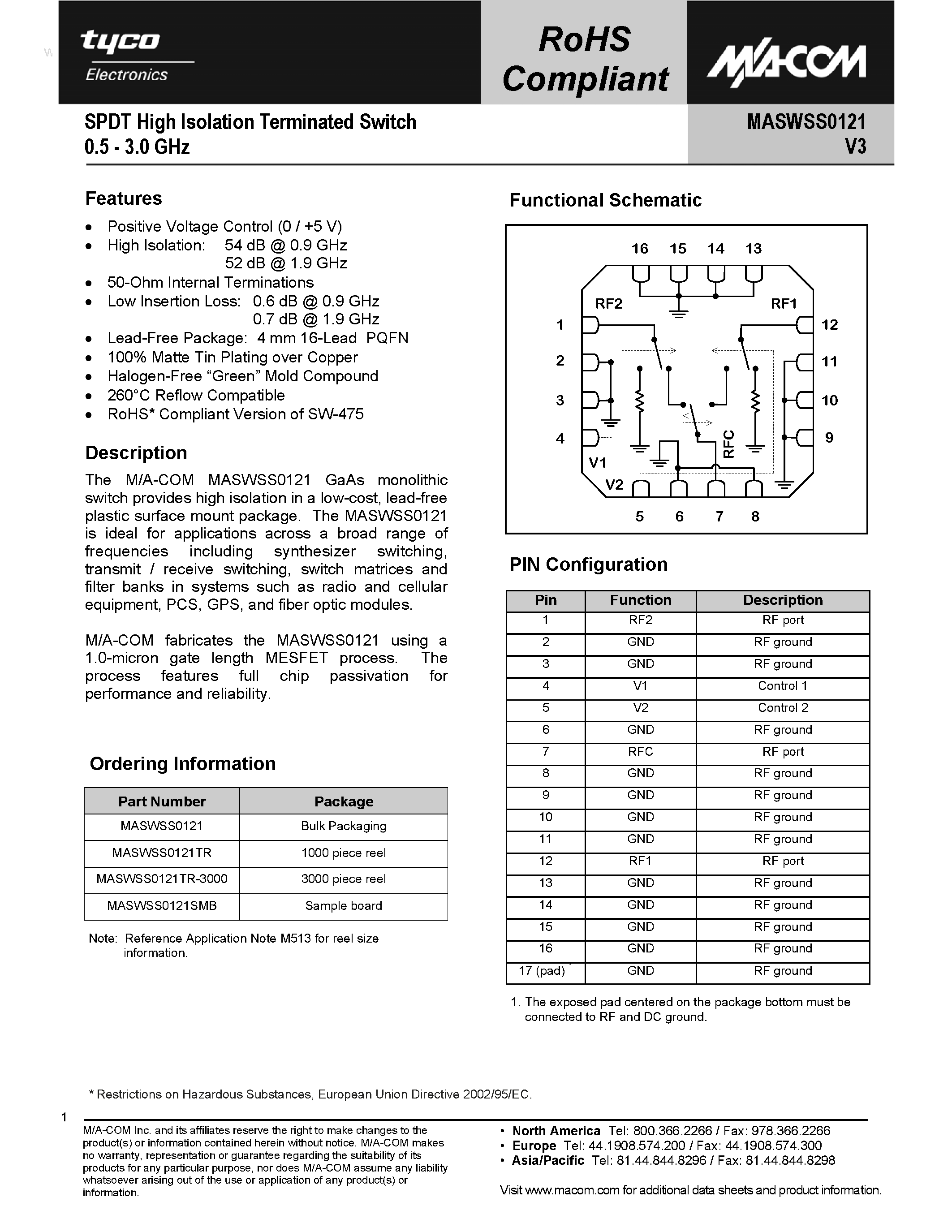 Datasheet MASWSS0121 page 1 Datasheet MASWSS0121 - SPDT High Isolation Terminated Switch page 1