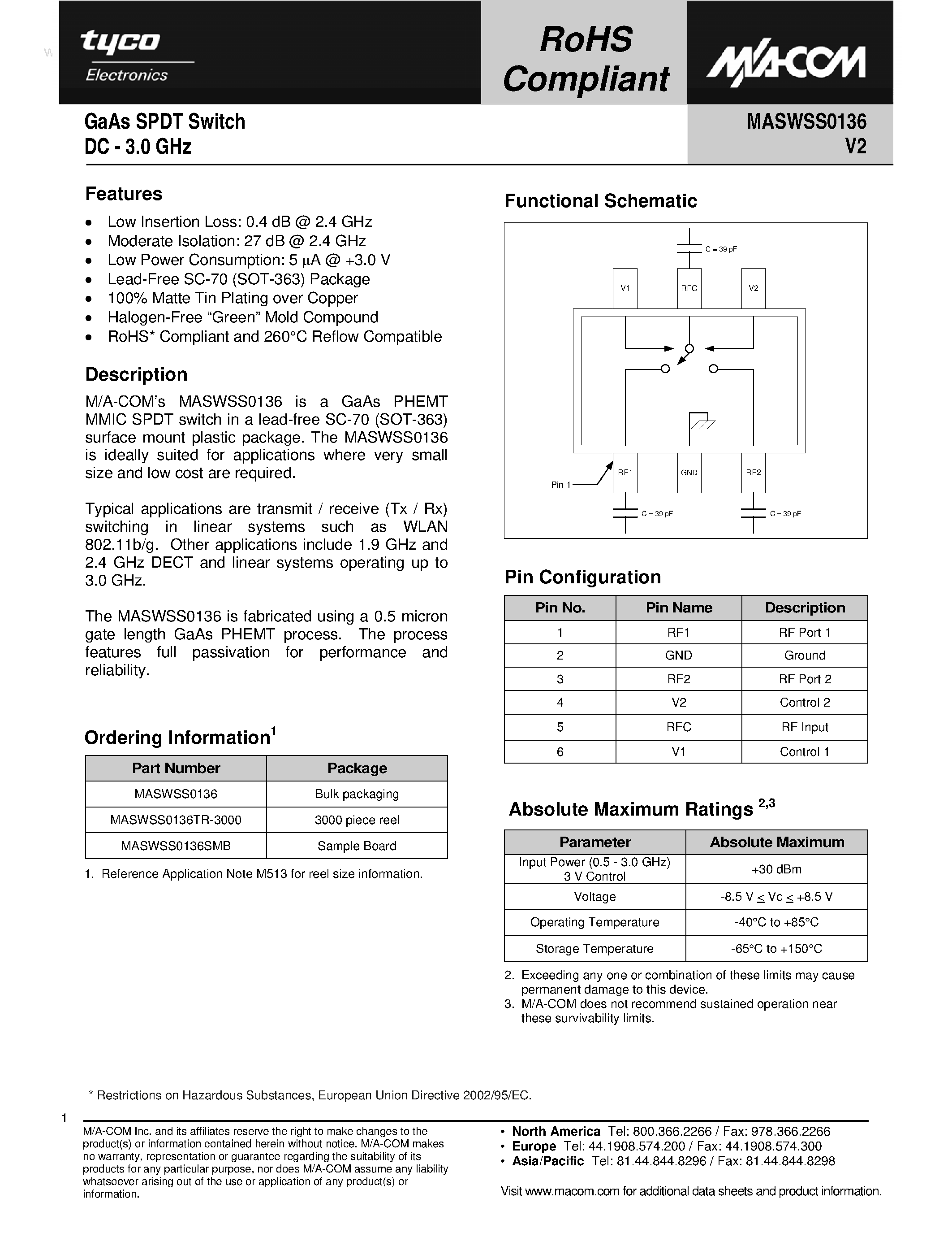 Datasheet MASWSS0136 page 1 Datasheet MASWSS0136 - GaAs SPDT Switch page 1