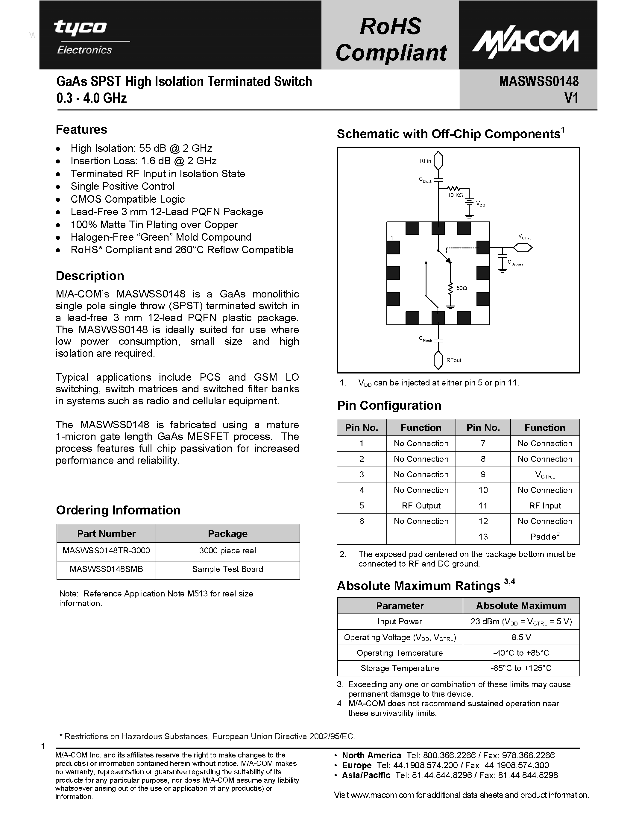 Datasheet MASWSS0148 - GaAs SPST High Isolation Terminated Switch page 1
